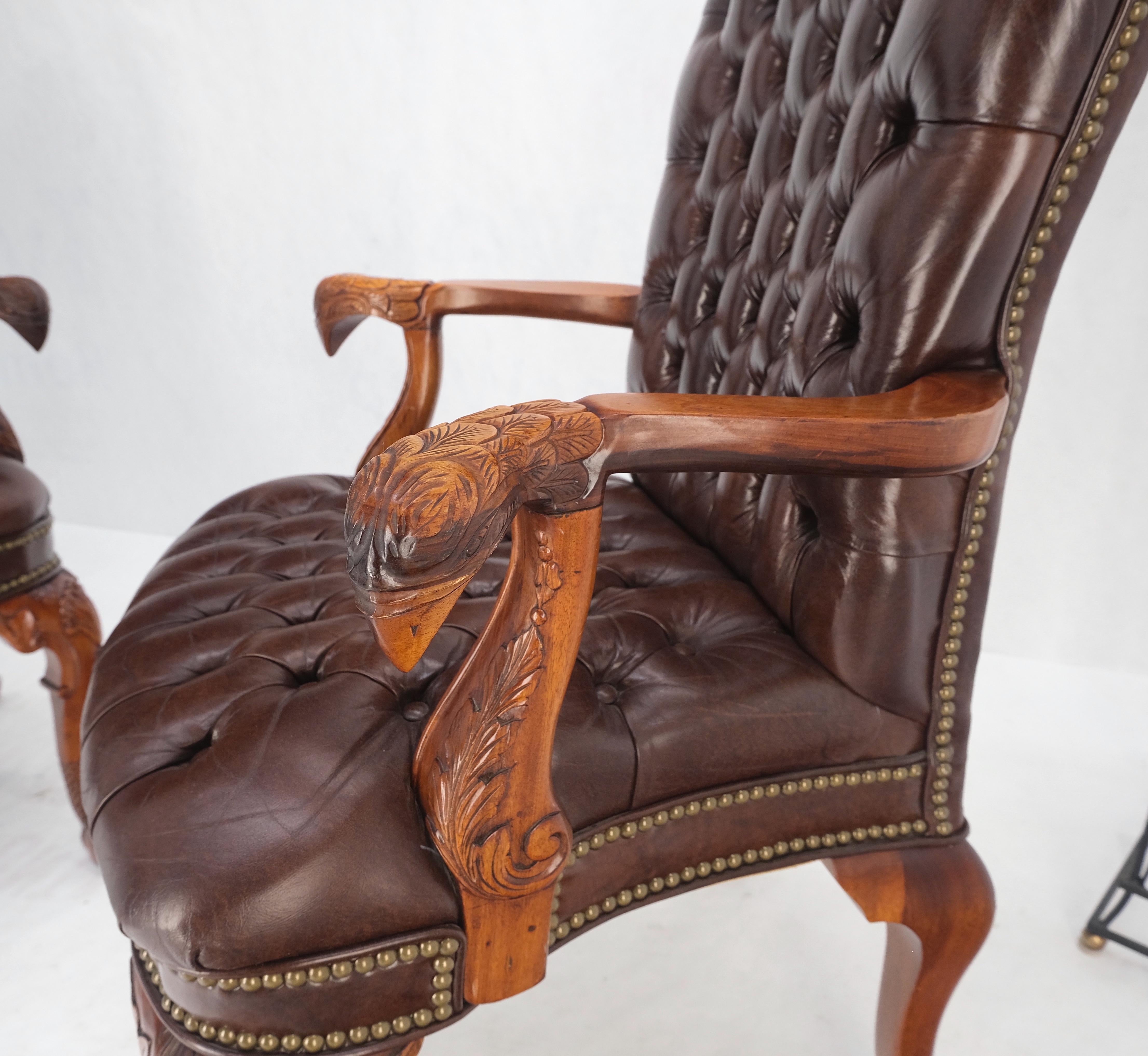 American Brown Leather Chesterfield Backs & Seat Carved Walnut Armchairs Fireside Chairs For Sale