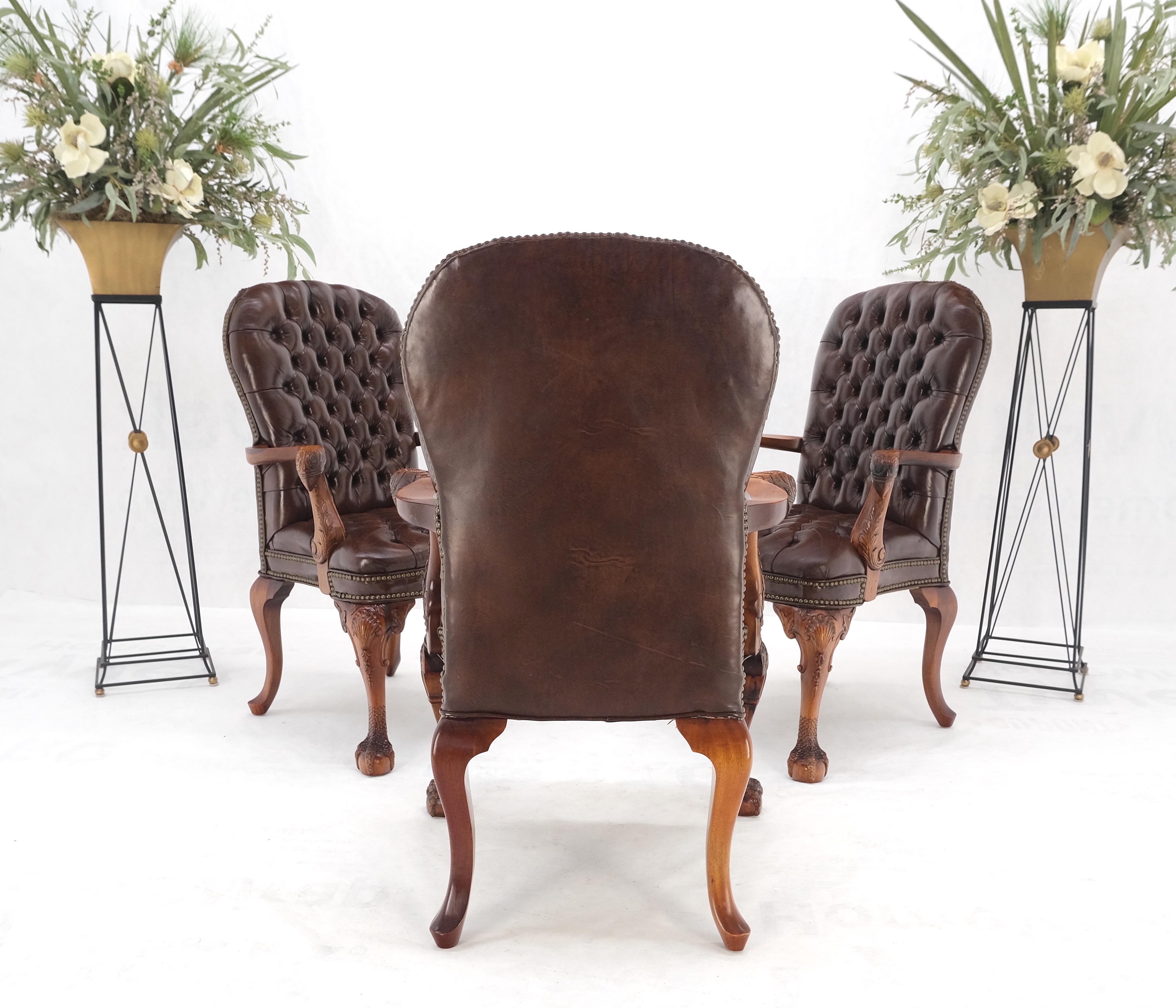 Brown Leather Chesterfield Backs & Seat Carved Walnut Armchairs Fireside Chairs In Good Condition For Sale In Rockaway, NJ