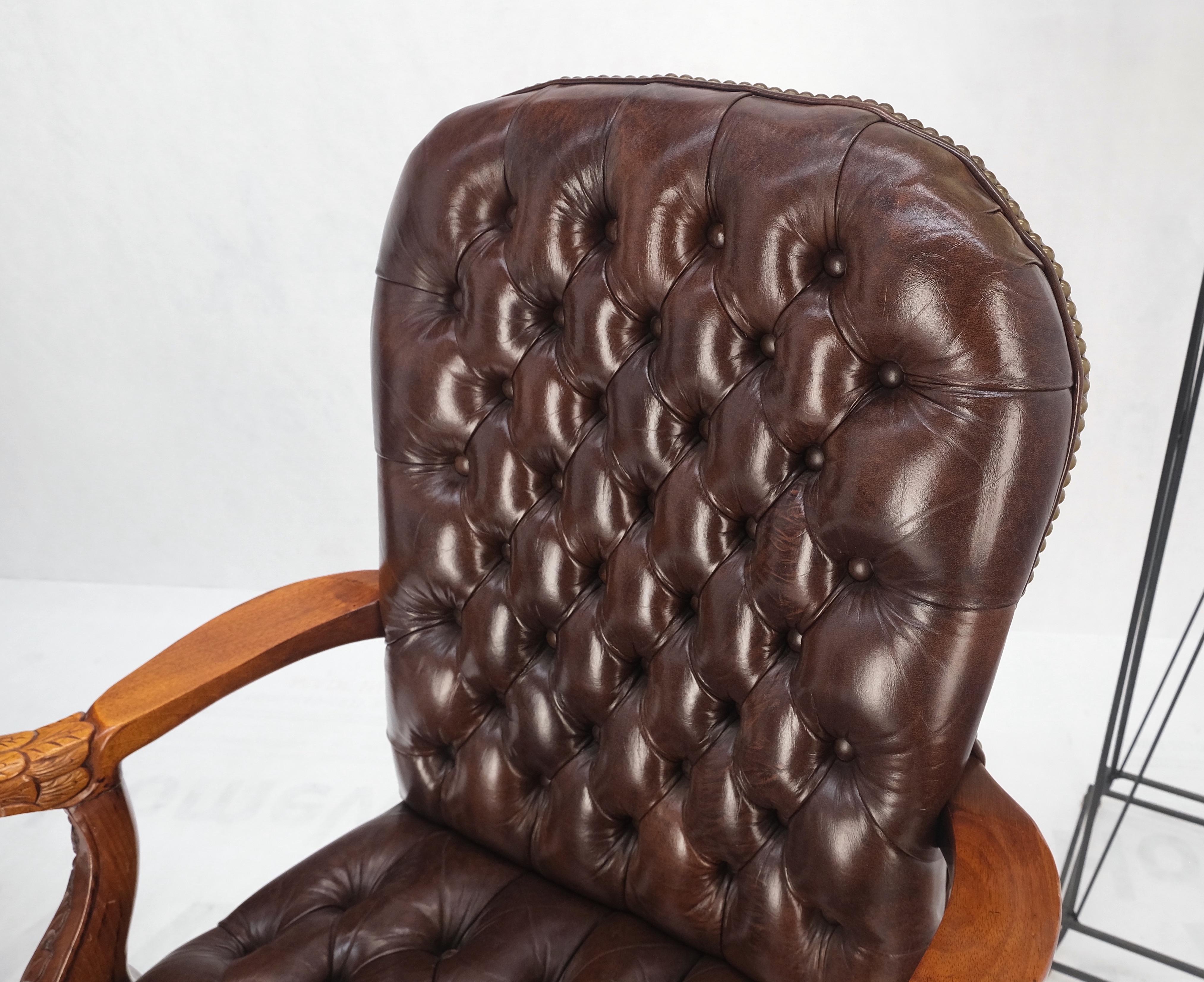 20th Century Brown Leather Chesterfield Backs & Seat Carved Walnut Armchairs Fireside Chairs For Sale