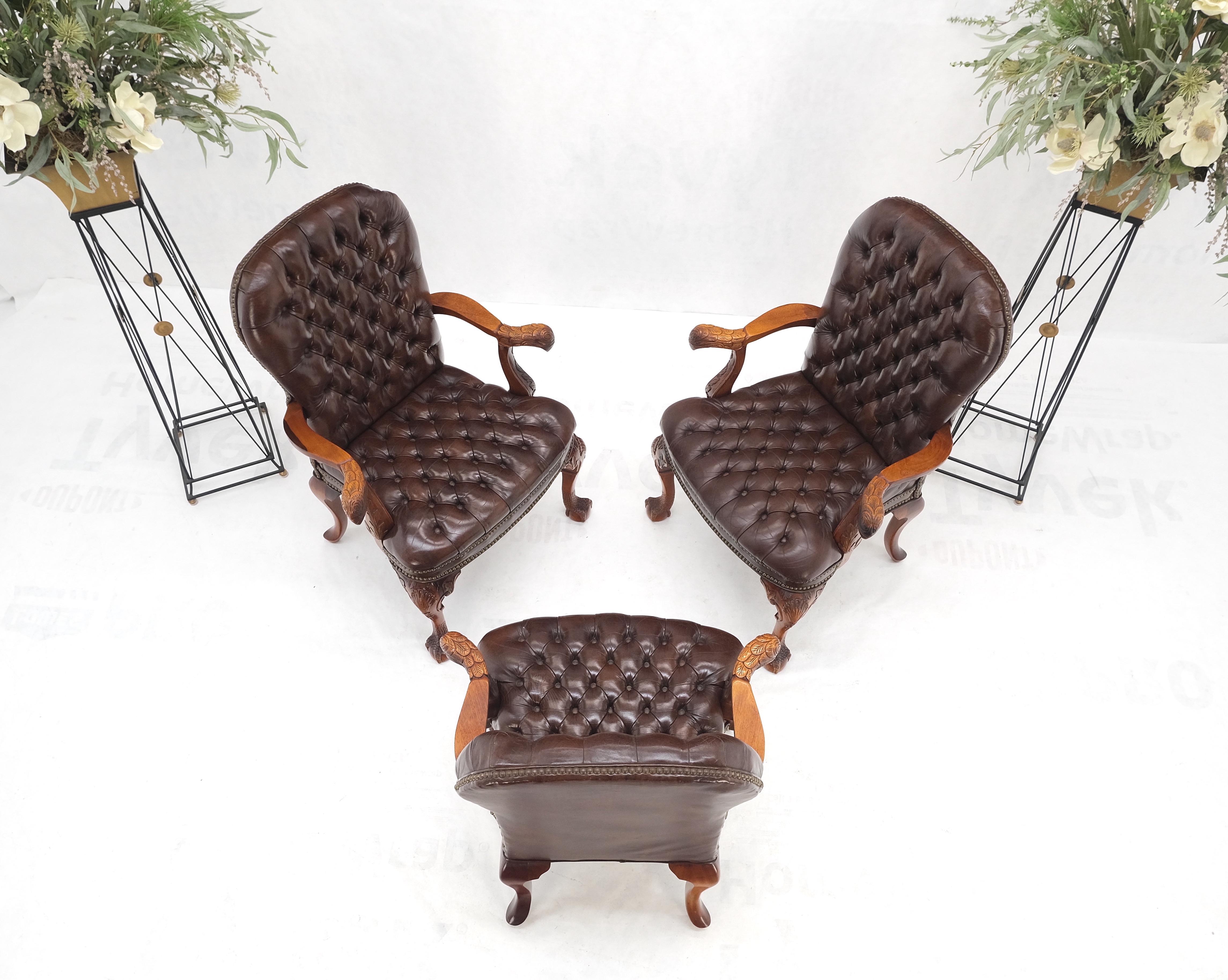 Upholstery Brown Leather Chesterfield Backs & Seat Carved Walnut Armchairs Fireside Chairs For Sale