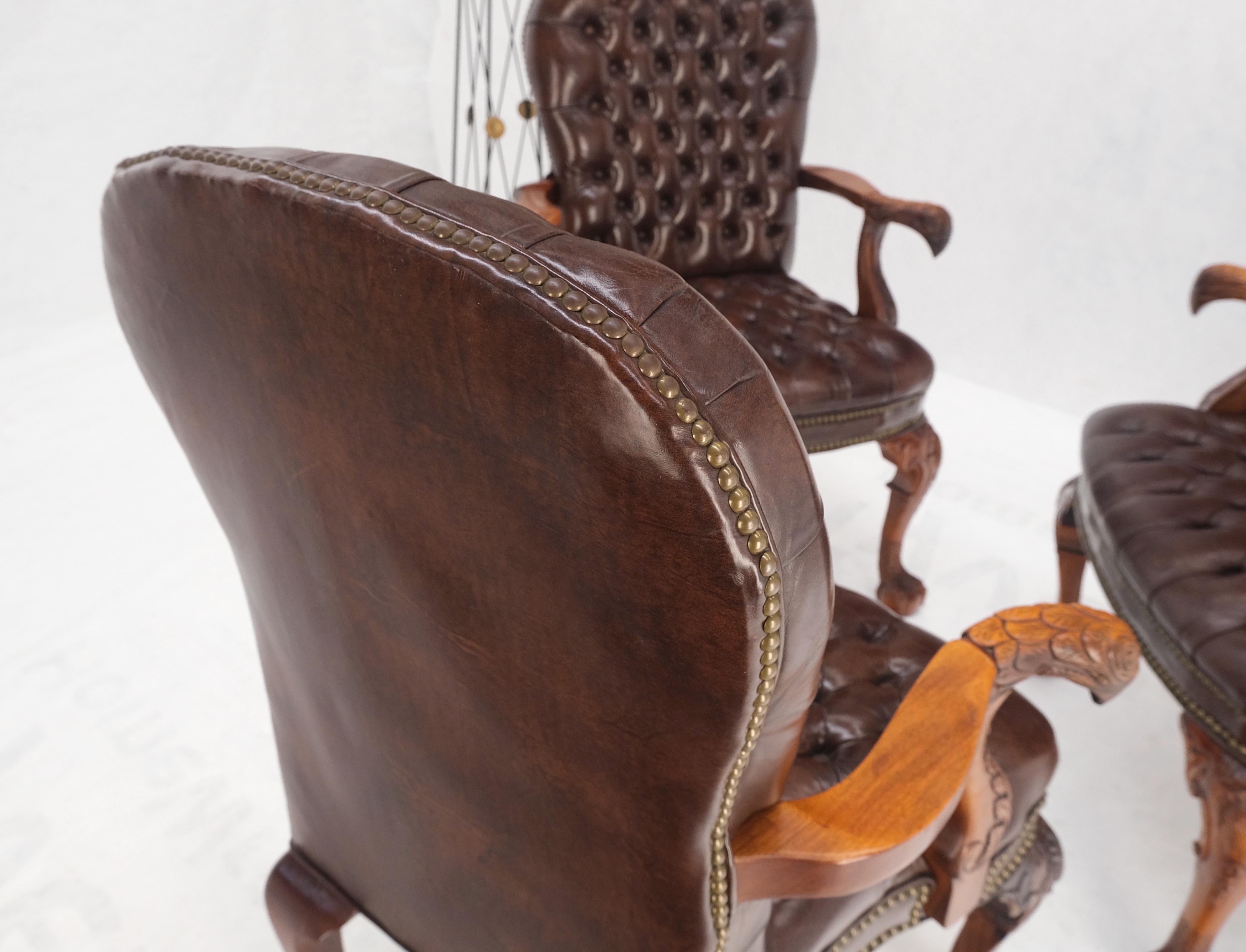 Brown Leather Chesterfield Backs & Seat Carved Walnut Armchairs Fireside Chairs For Sale 1