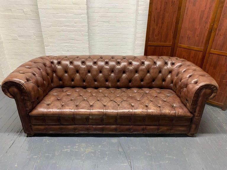 Brown Leather Chesterfield Sofa In Good Condition For Sale In New York, NY