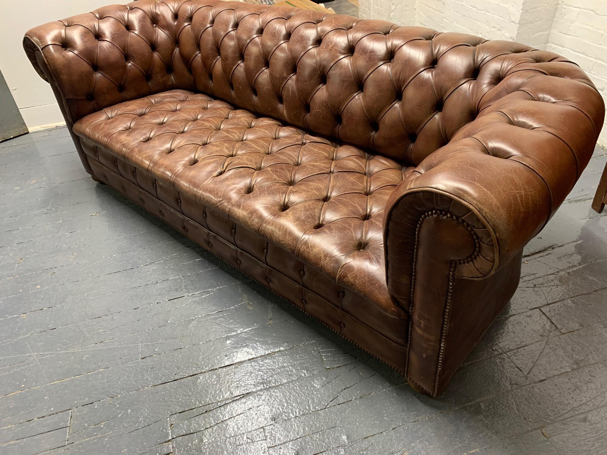 Mid-20th Century Brown Leather Chesterfield Sofa