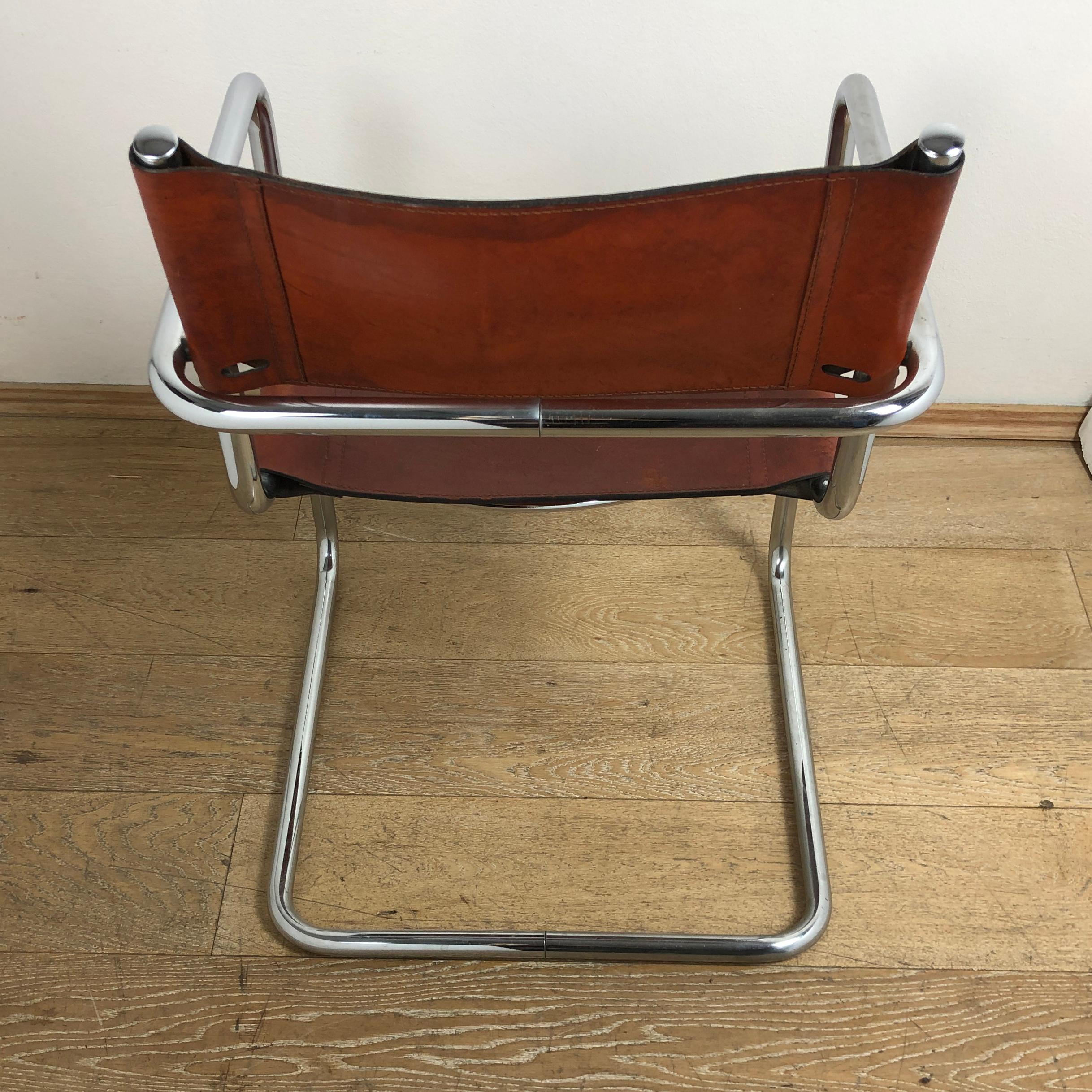 Brown Leather Chrome-Plated Tubular Steel Cantilever Chair Mart Stam Style 3
