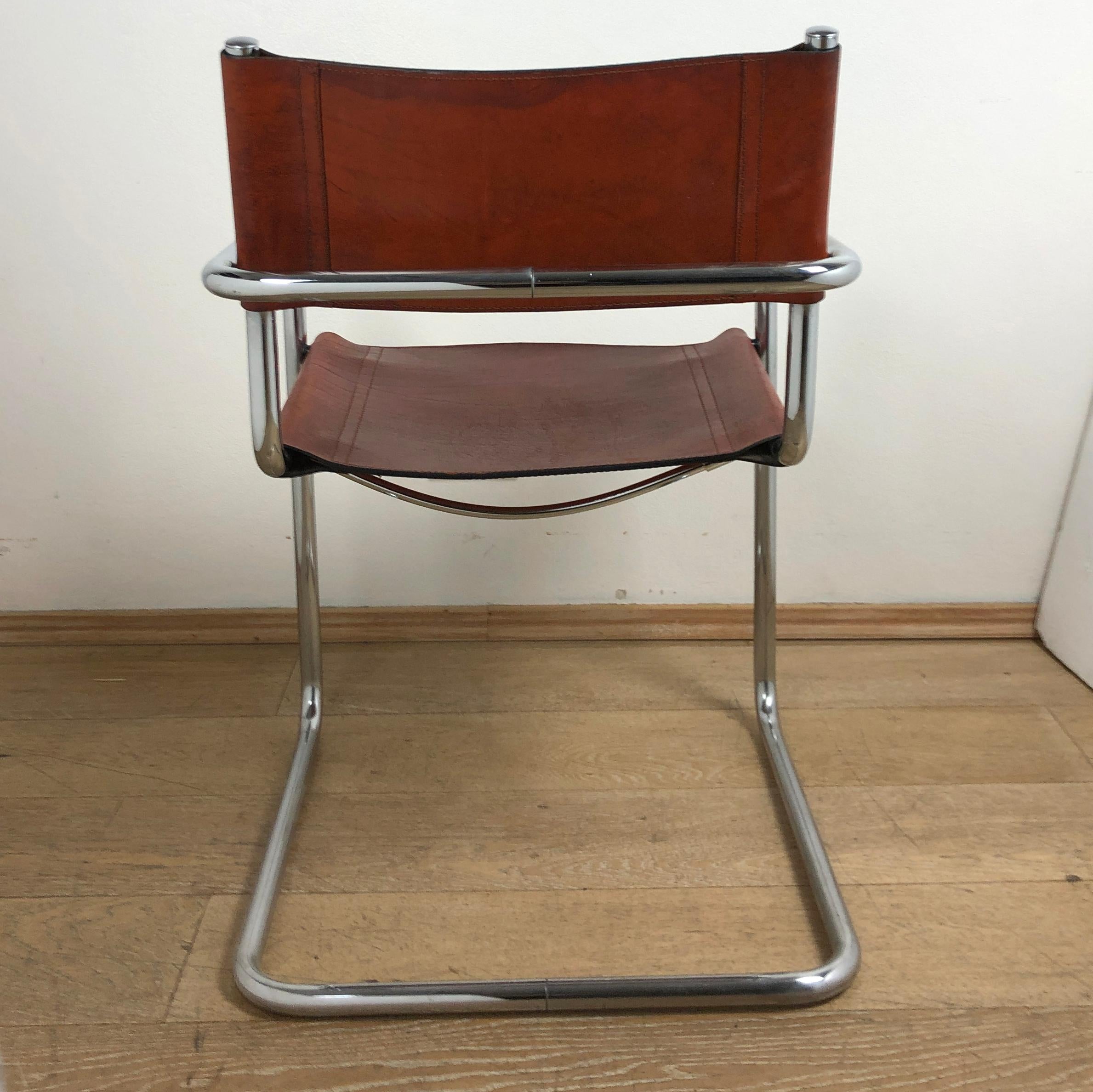 Brown Leather Chrome-Plated Tubular Steel Cantilever Chair Mart Stam Style 4