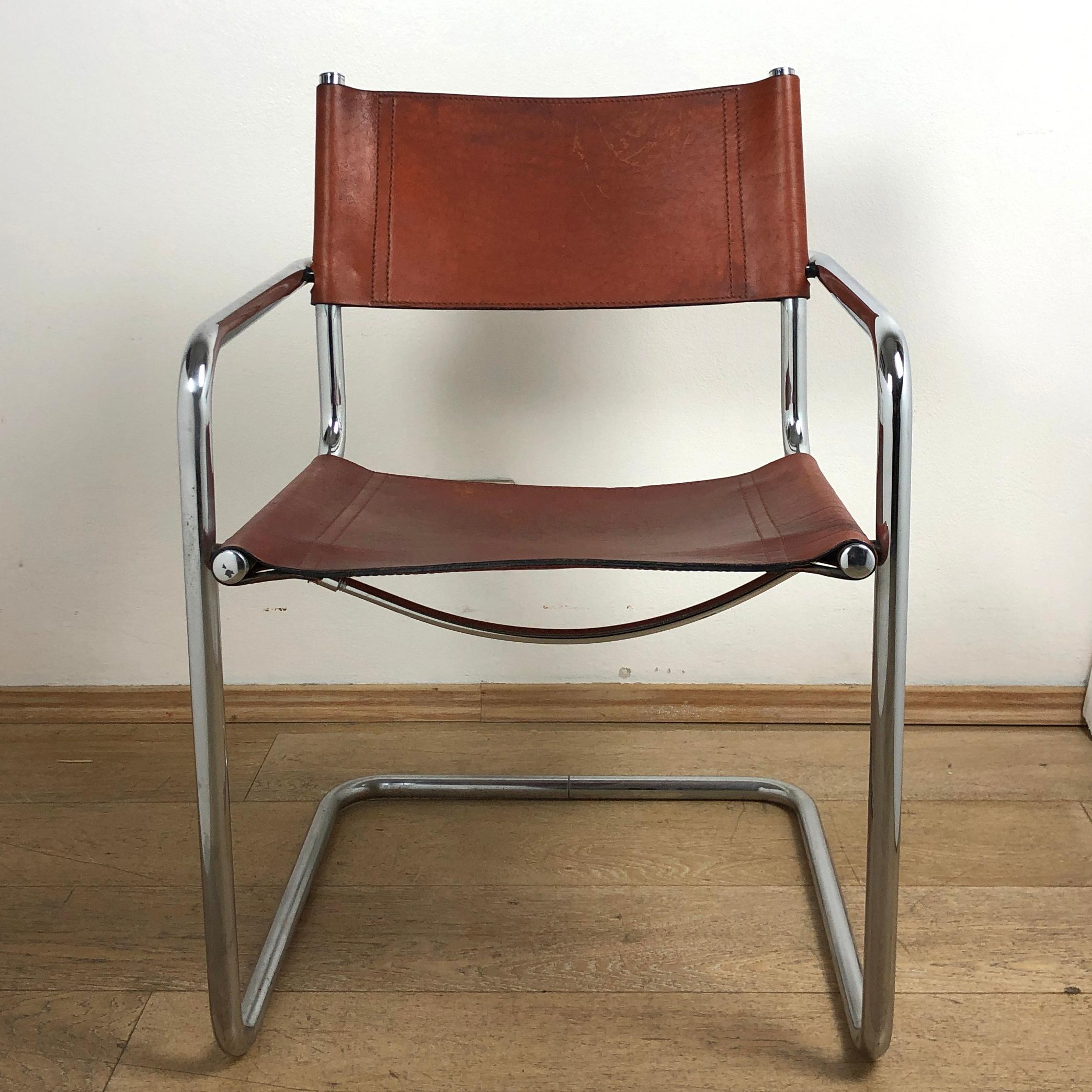 Brown Leather Chrome-Plated Tubular Steel Cantilever Chair Mart Stam Style 5