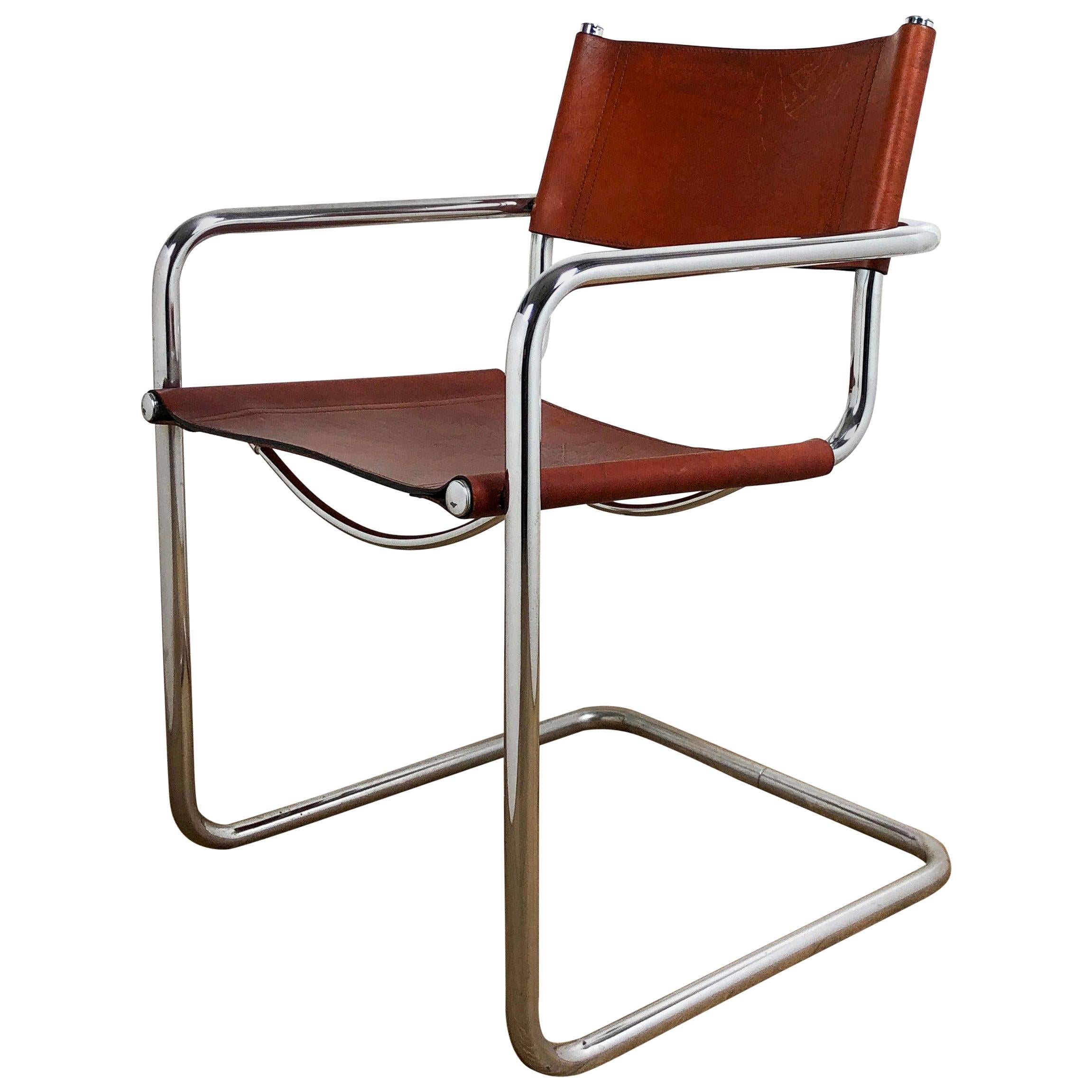 Brown Leather Chrome-Plated Tubular Steel Cantilever Chair Mart Stam Style