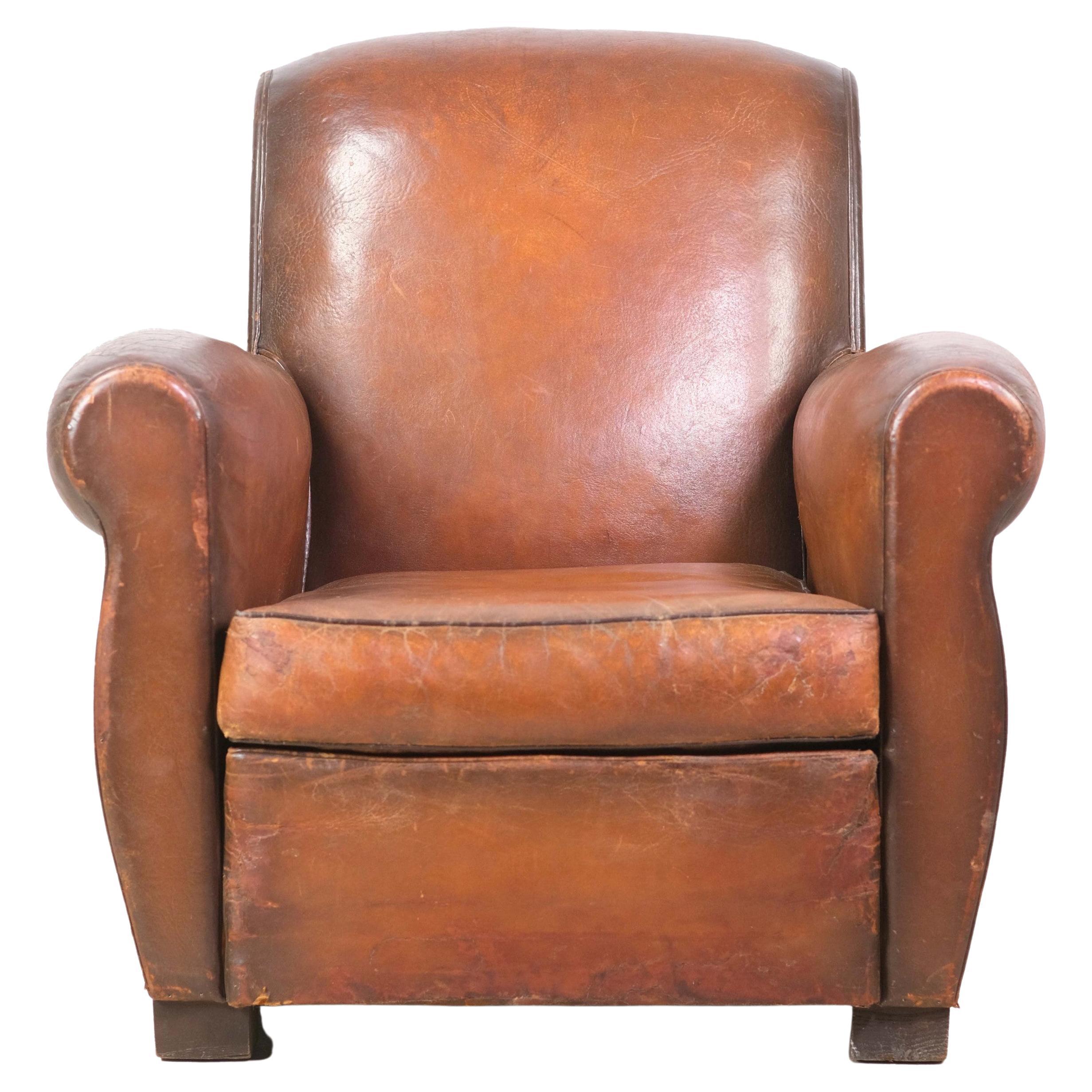 Brown Leather Club Chair from Europe, Studs Rounded Back For Sale at