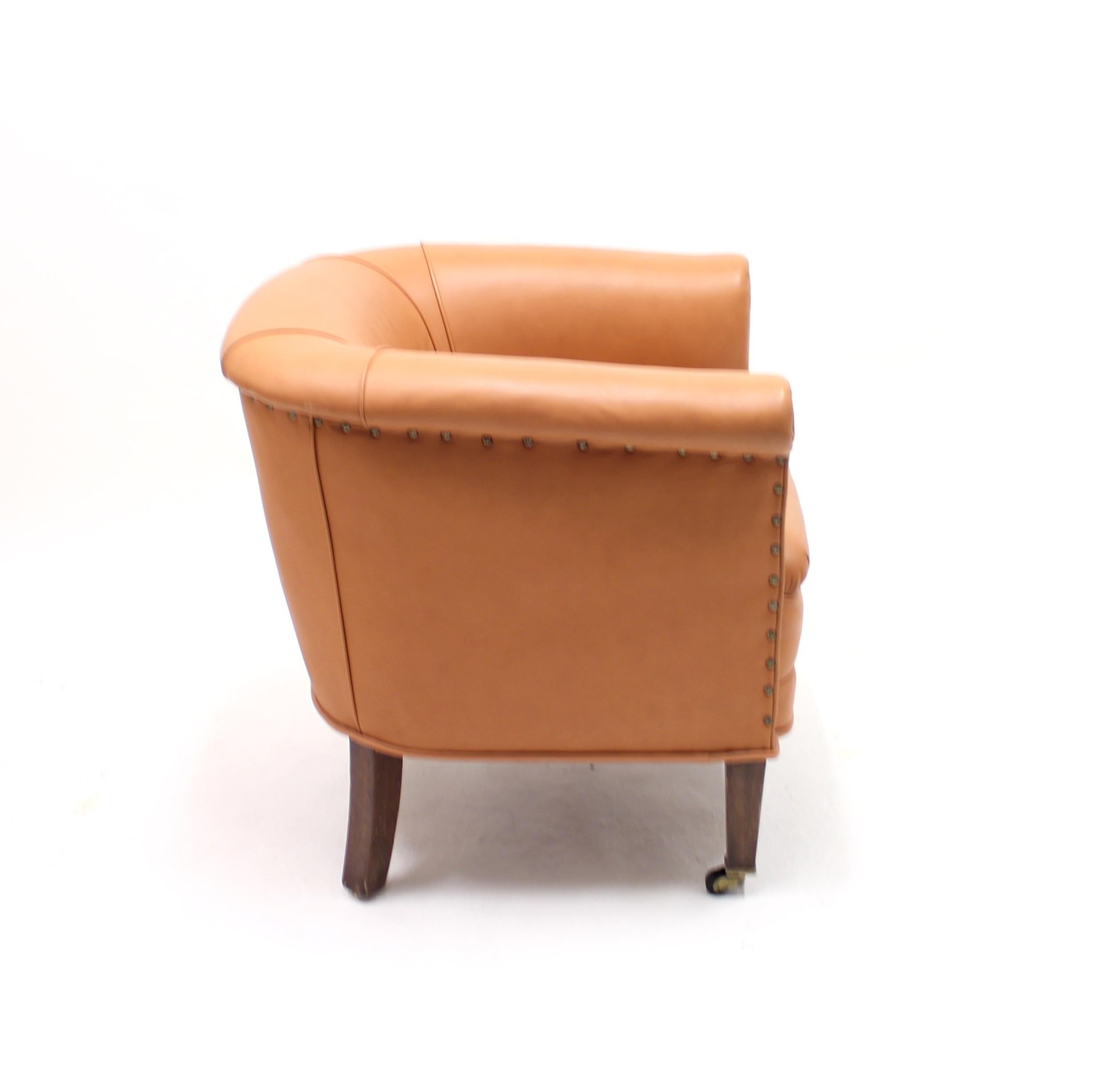 Brown Leather Club Chair on Castors, 1930s 1