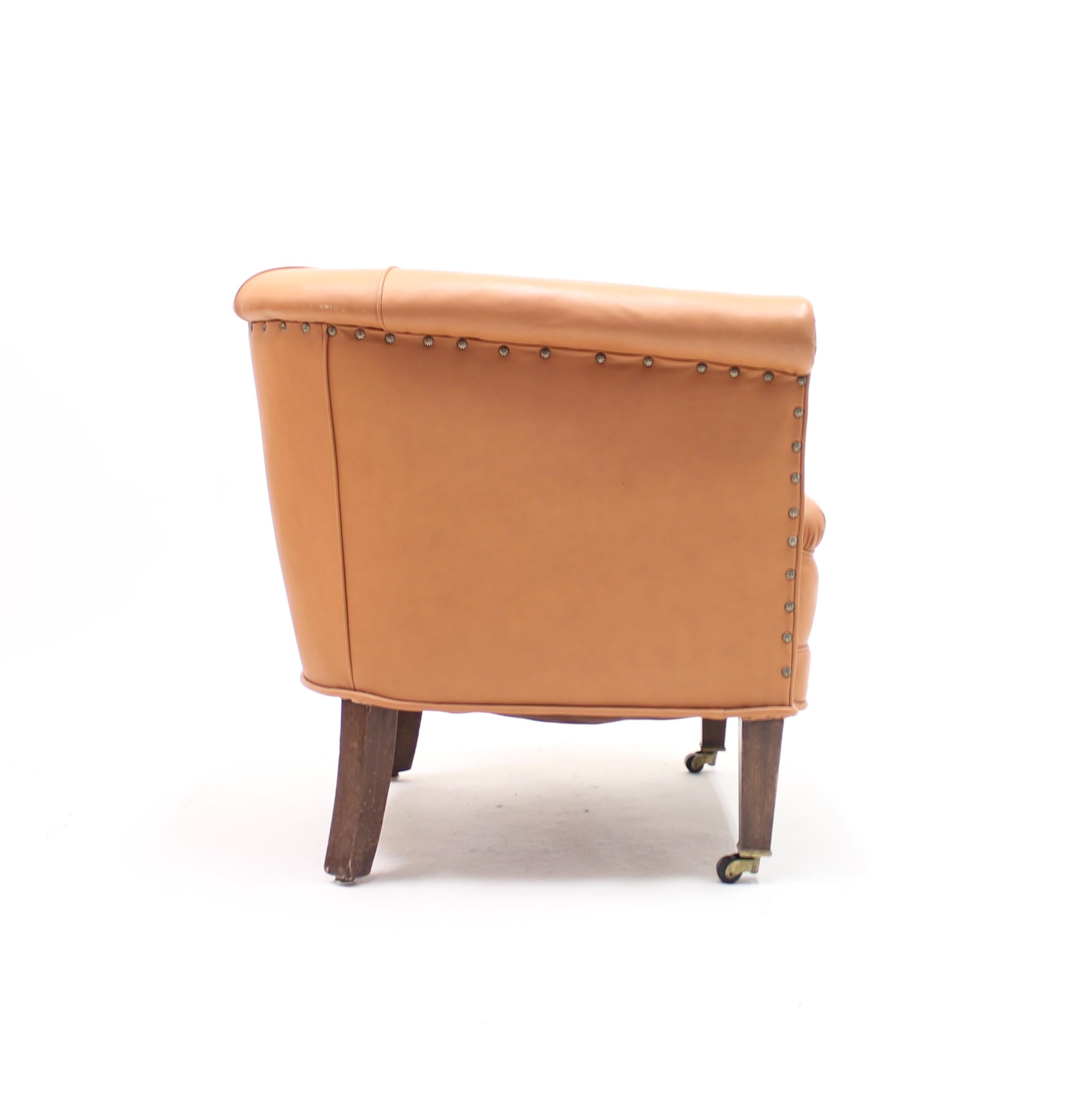 Brass Brown Leather Club Chair on Castors, 1930s