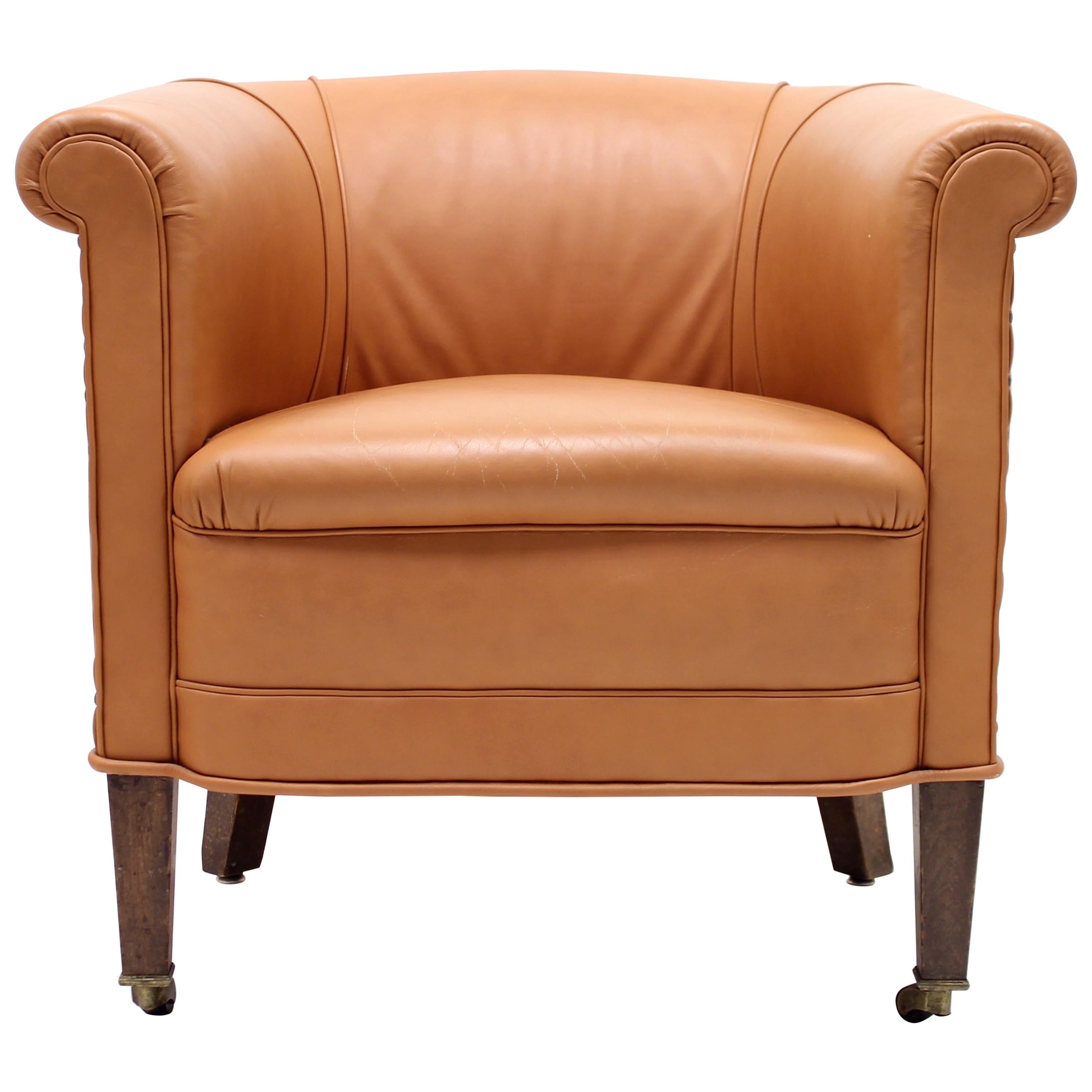 Brown Leather Club Chair on Castors, 1930s