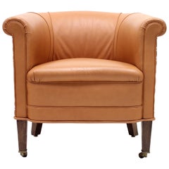 Brown Leather Club Chair on Castors, 1930s
