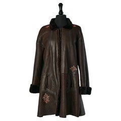 Brown leather coat with embroideries KENZO
