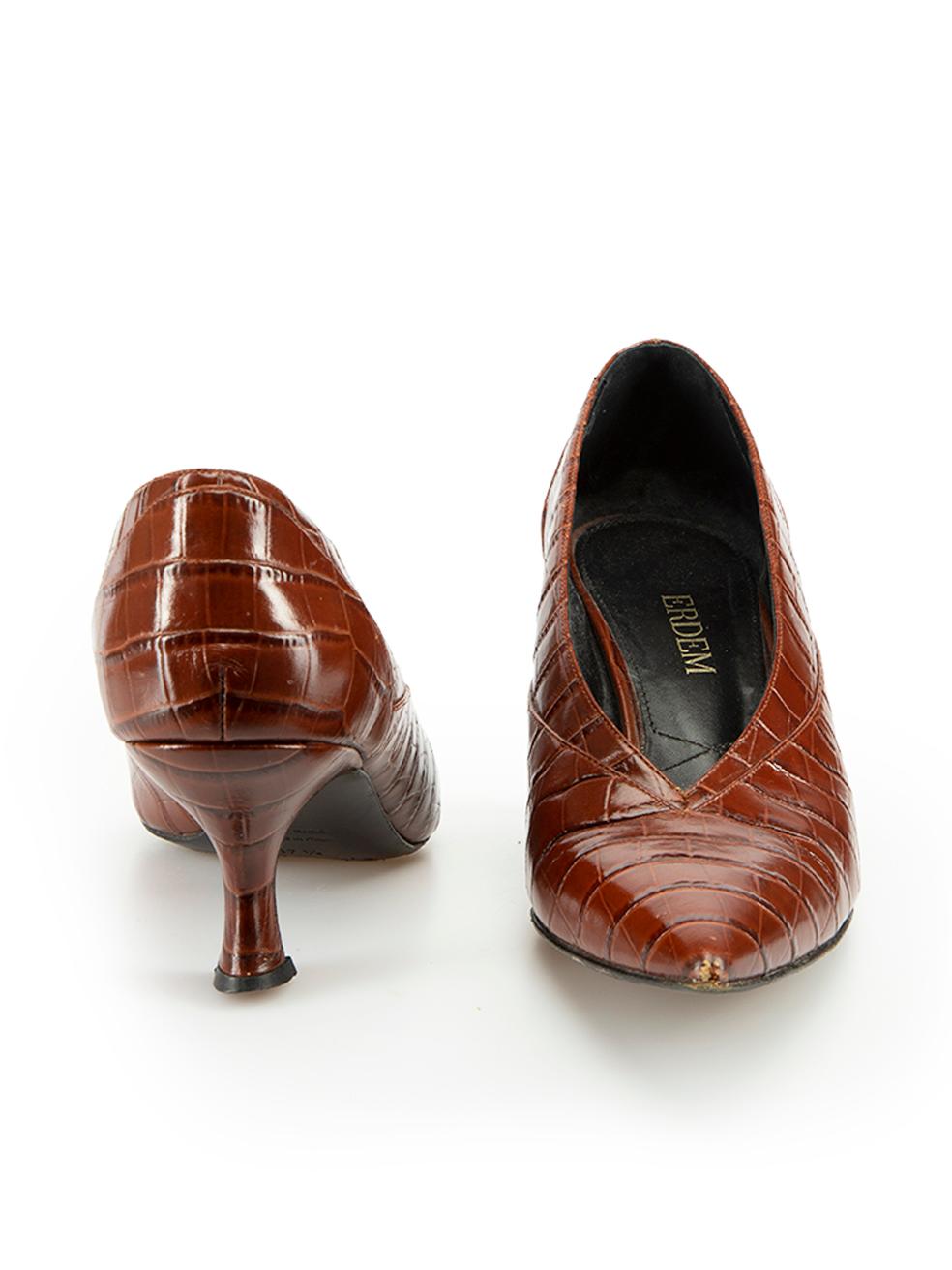 Erdem Brown Leather Croc Embossed Heels Size IT 37.5 In Good Condition For Sale In London, GB