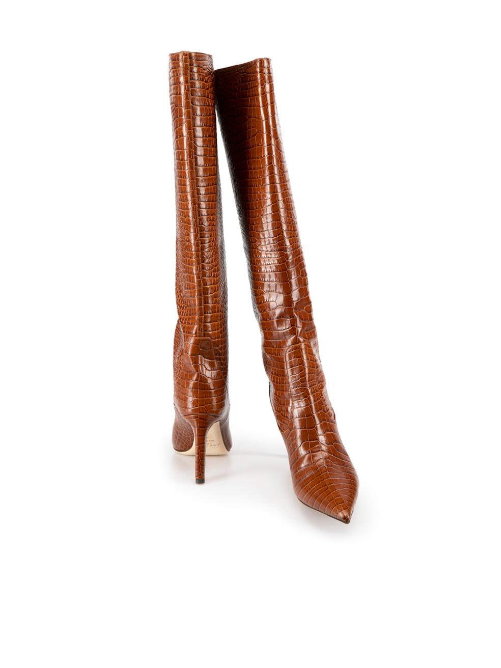 Jimmy Choo Brown Leather Croc Embossed Mavis Knee High Boots Size IT 38 In Good Condition In London, GB
