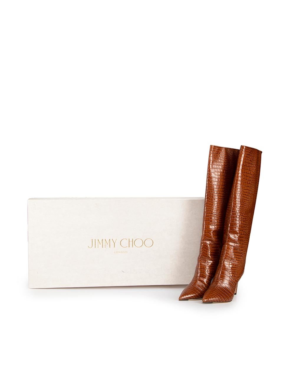 Jimmy Choo Brown Leather Croc Embossed Mavis Knee High Boots Size IT 38 1