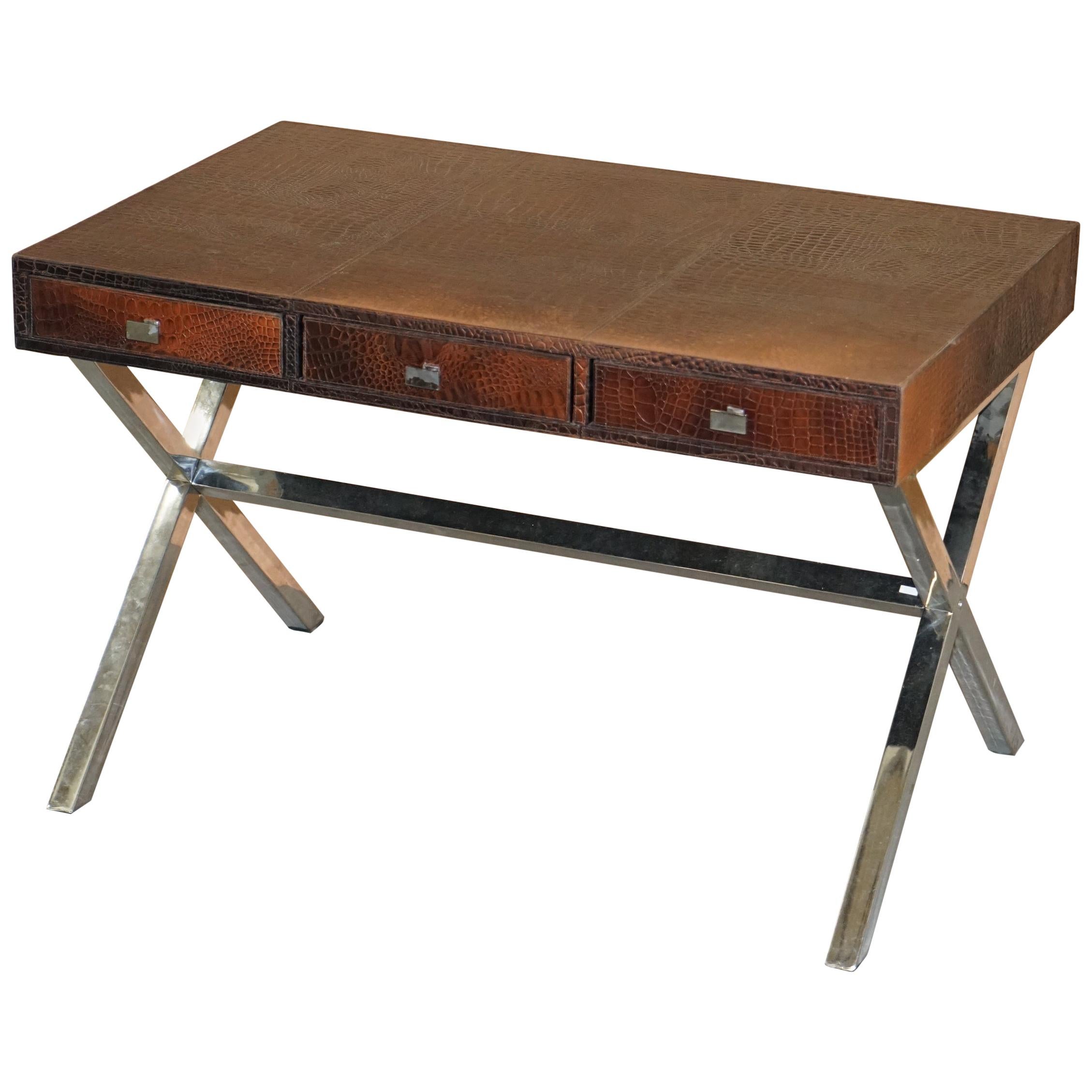 Brown Leather Crocodile Alligator Patina Desk with Chrome X-Frame Supports