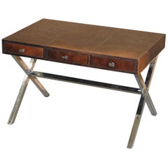 Brown Leather Crocodile Alligator Patina Desk with Chrome X-Frame Supports