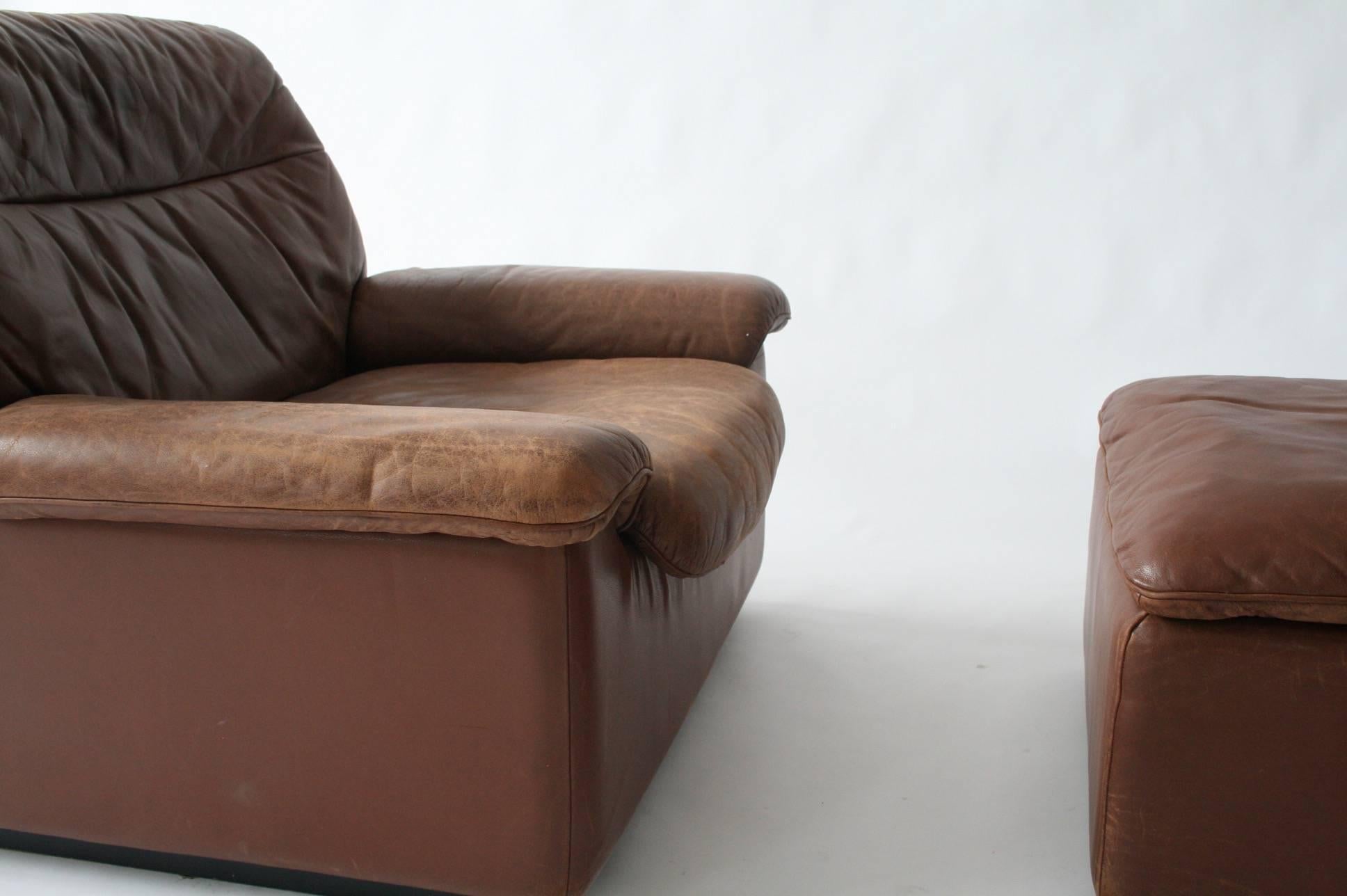 Mid-Century Modern Brown Leather De Sede Switzerland Lounge Chair and Ottoman