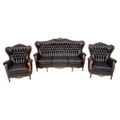 Vintage Brown Leather Deep Buttoned Salon Set, French Style, Chesterfield