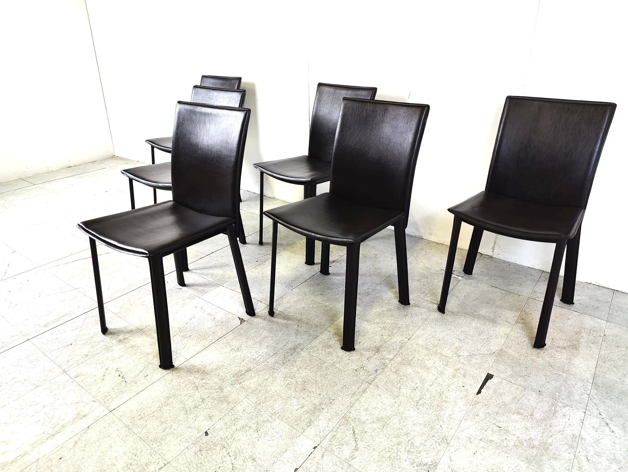 Modern Brown leather dining chairs, set of 6 - 1980s For Sale