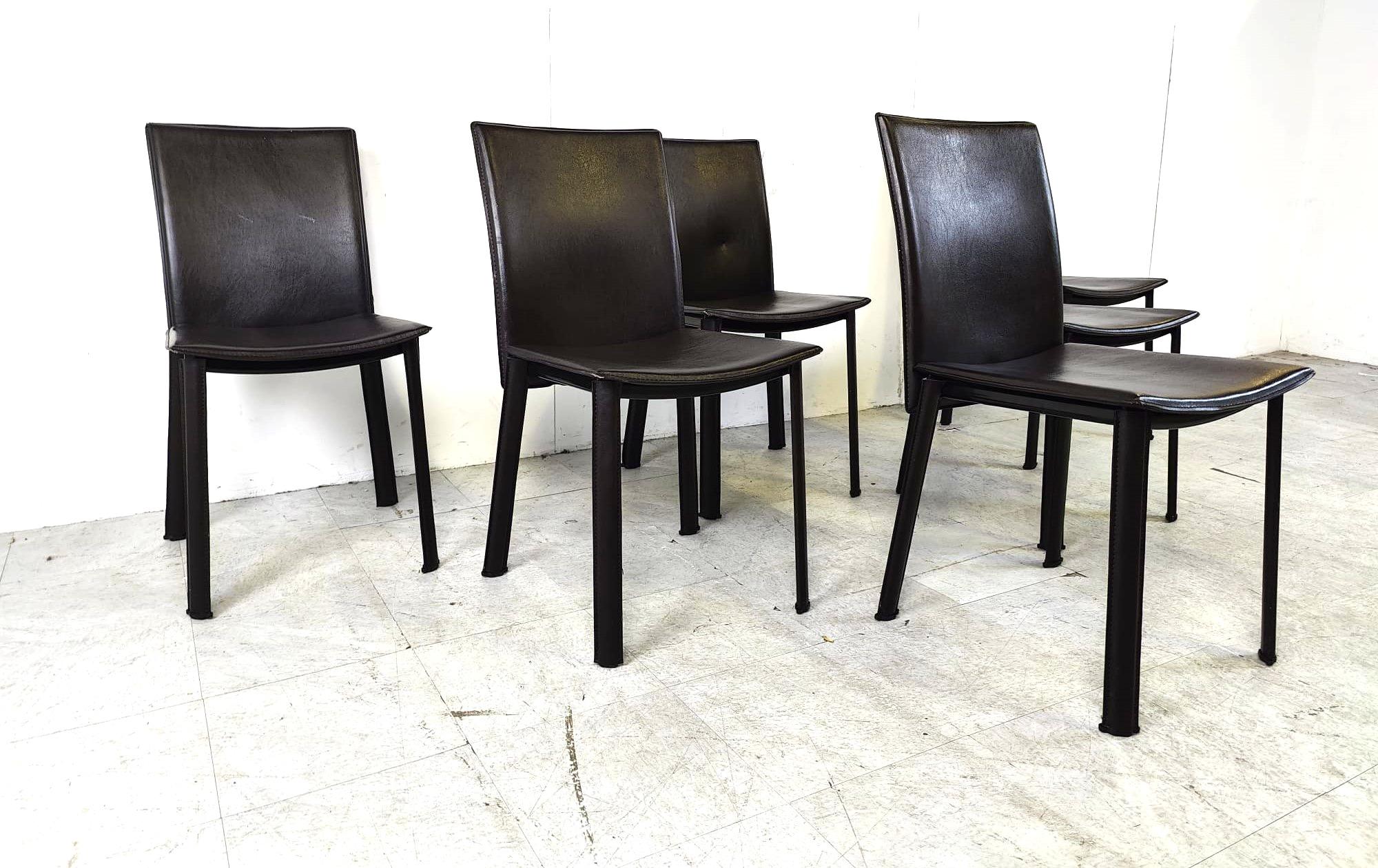 Brown leather dining chairs, set of 6 - 1980s In Good Condition For Sale In Leuven, Vlaams Gewest