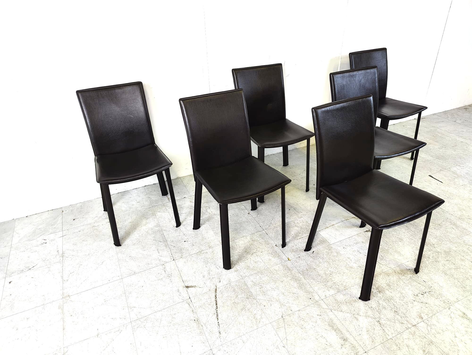 Late 20th Century Brown leather dining chairs, set of 6 - 1980s For Sale