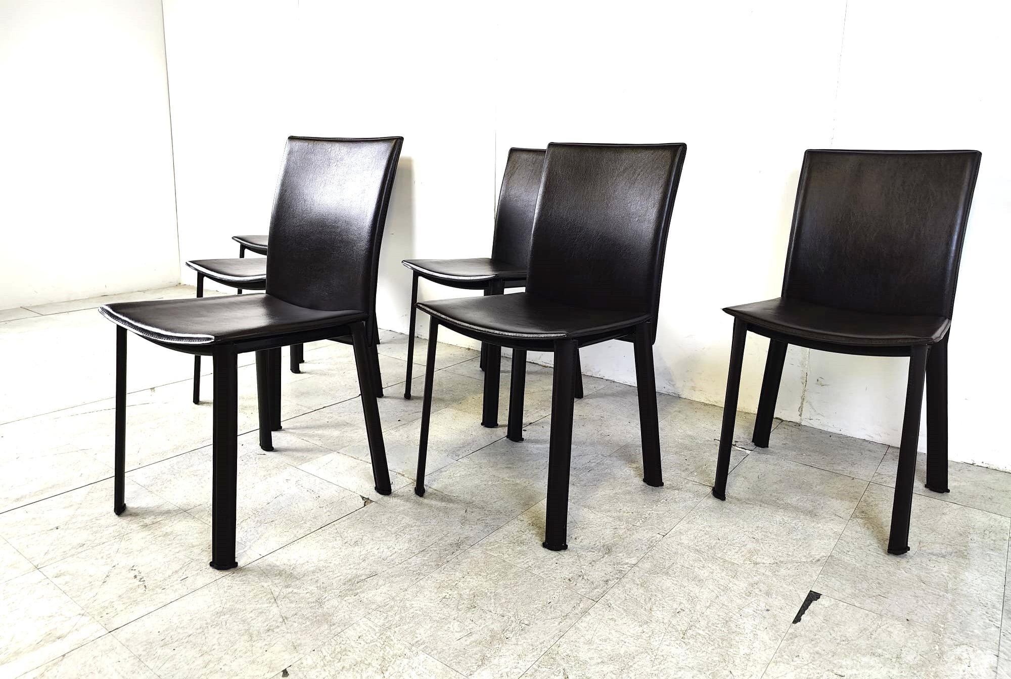 Leather Brown leather dining chairs, set of 6 - 1980s For Sale