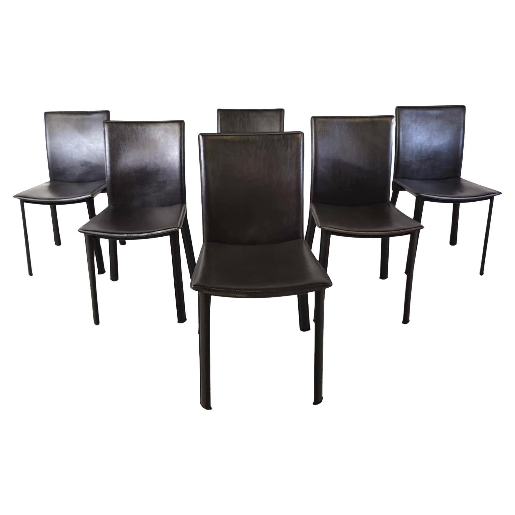Brown leather dining chairs, set of 6 - 1980s