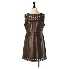 Brown leather dress with laser cut bottom edge and top EMILIO PUCCI