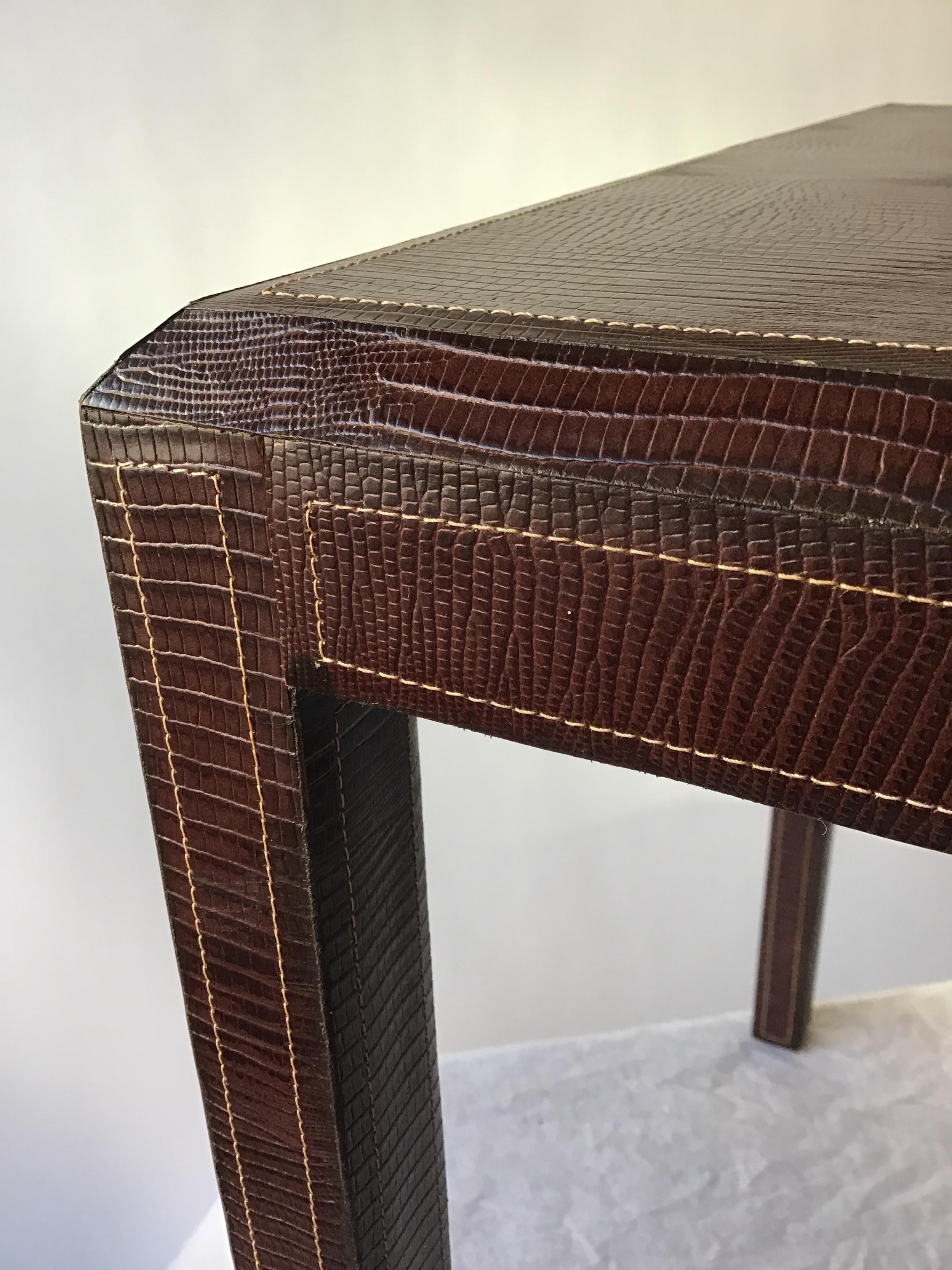 Brown Leather Embossed Lizard Side Table 6