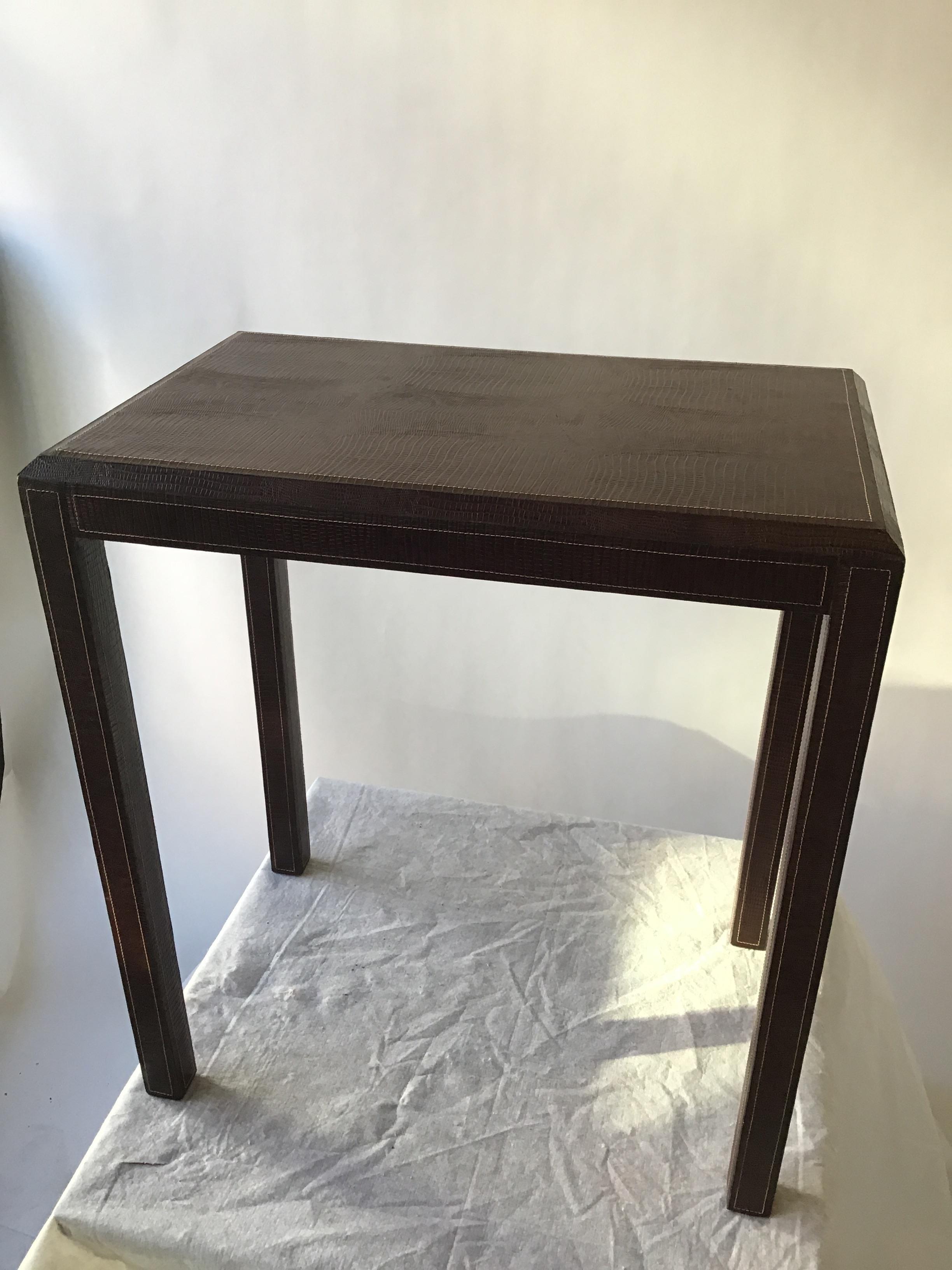 Contemporary Brown Leather Embossed Lizard Side Table