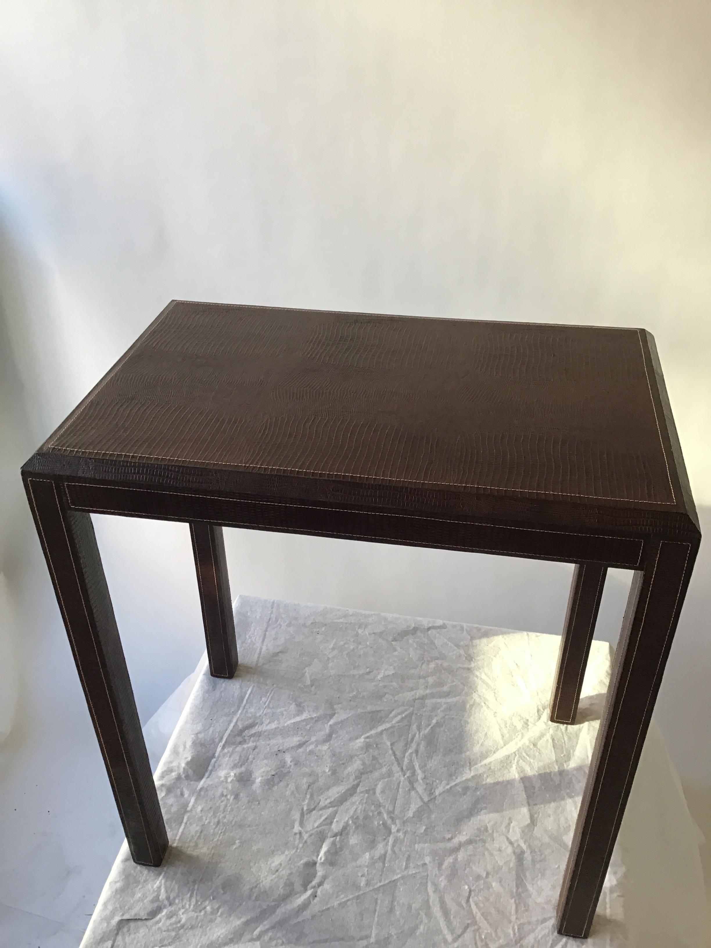 Brown Leather Embossed Lizard Side Table 1