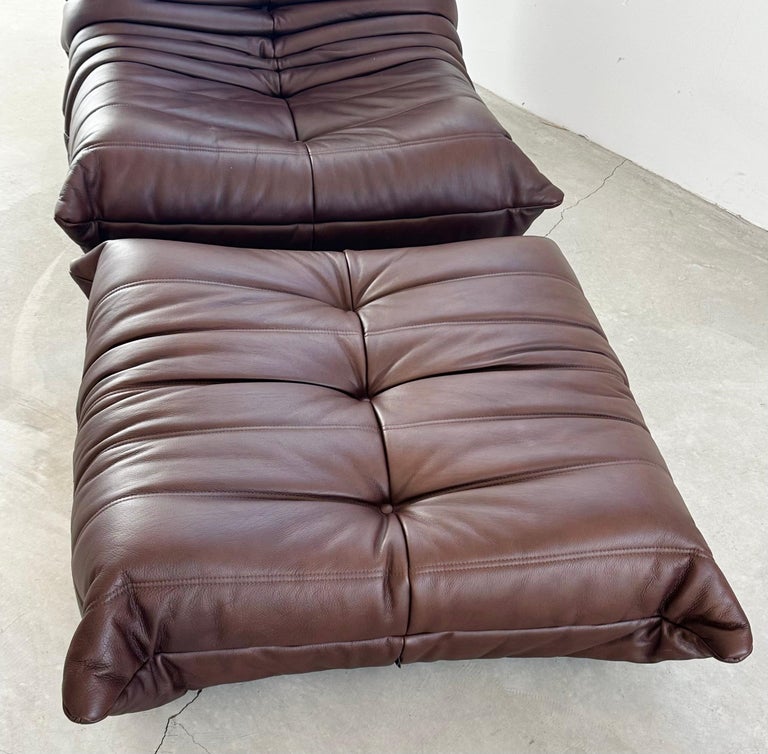 Brown Leather Fireside Togo Seat and Ottoman by Ligne Roset, 1980s