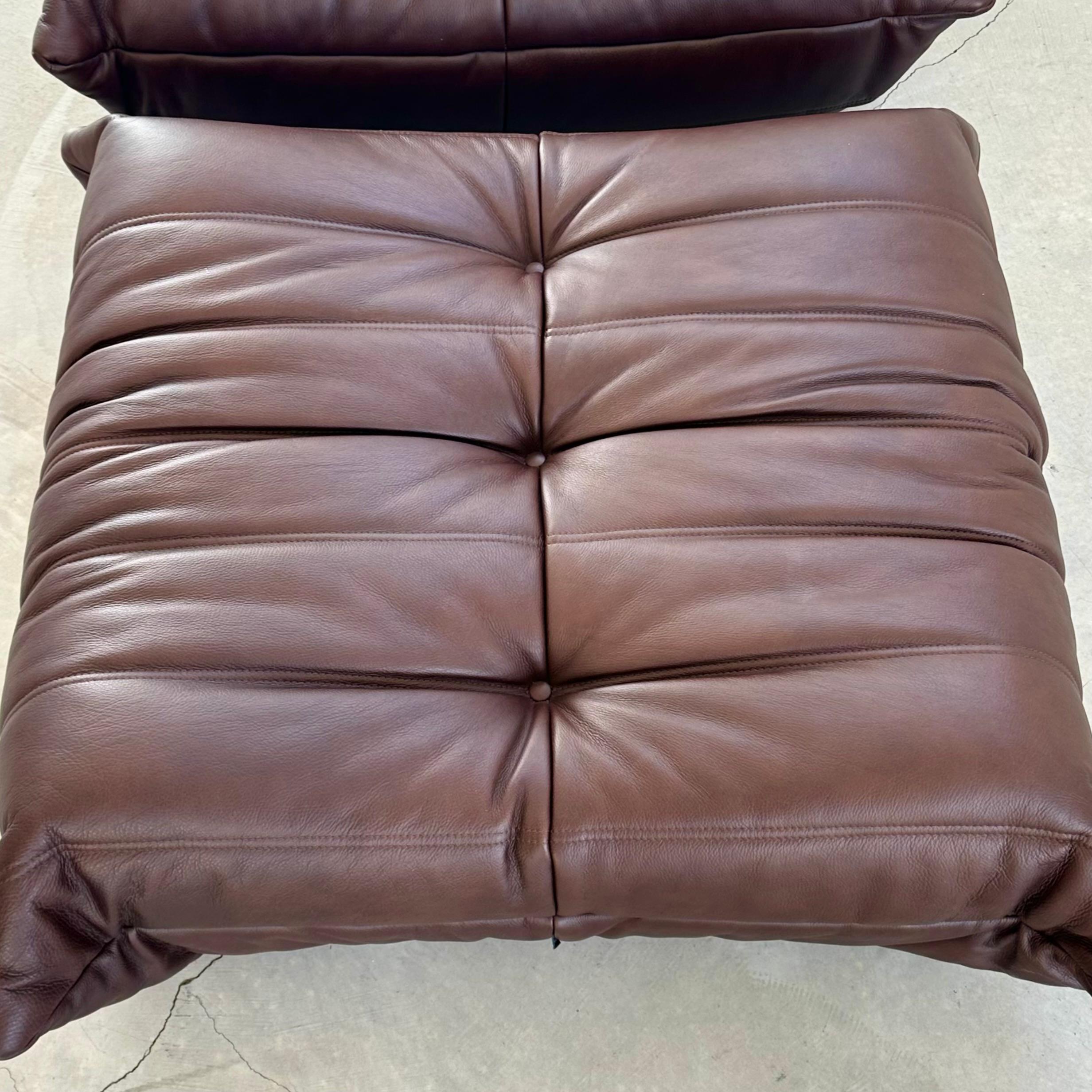 Brown Leather Fireside Togo Seat & Ottoman by Ligne Roset, 1980s France For Sale 9