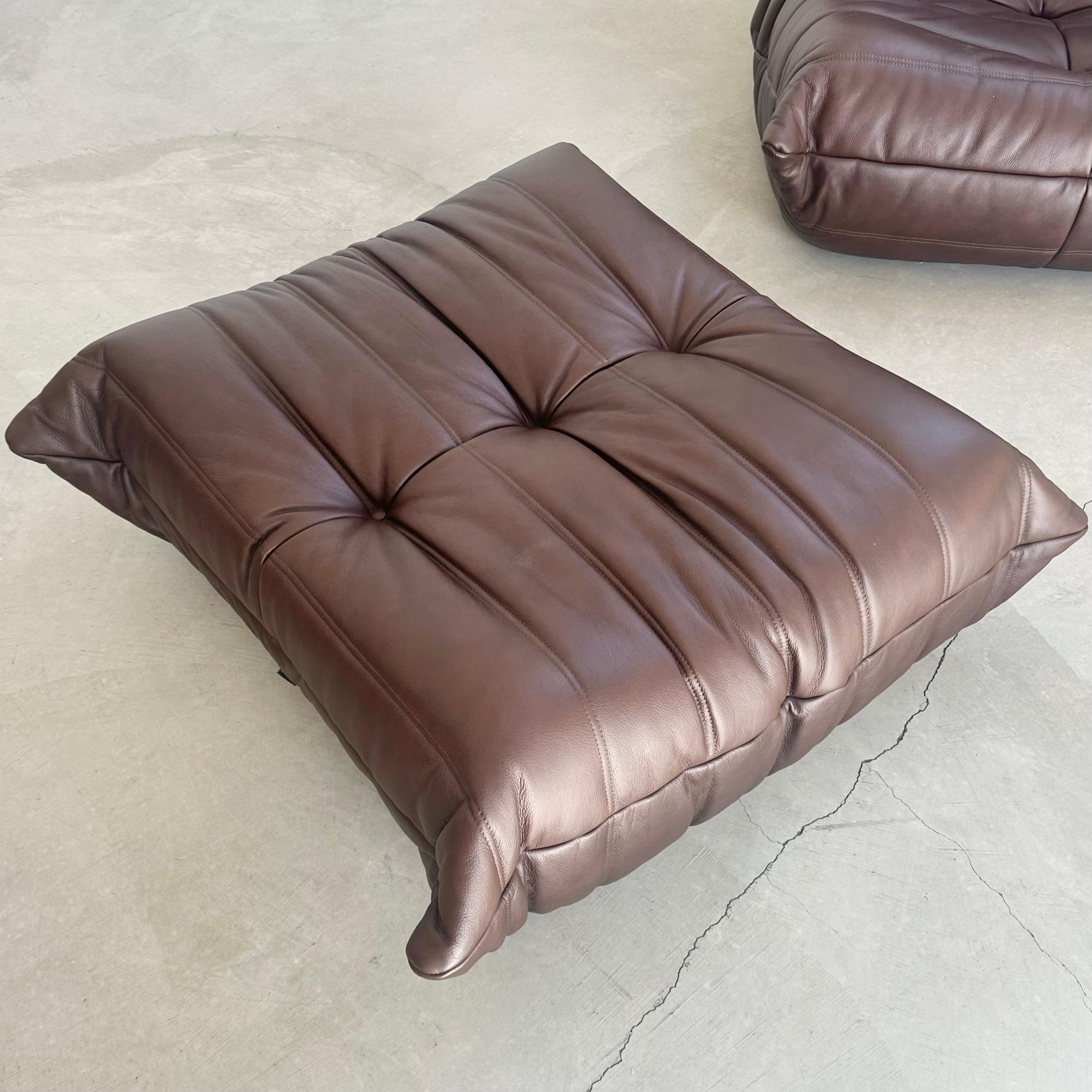 Brown Leather Fireside Togo Seat & Ottoman by Ligne Roset, 1980s France For Sale 1
