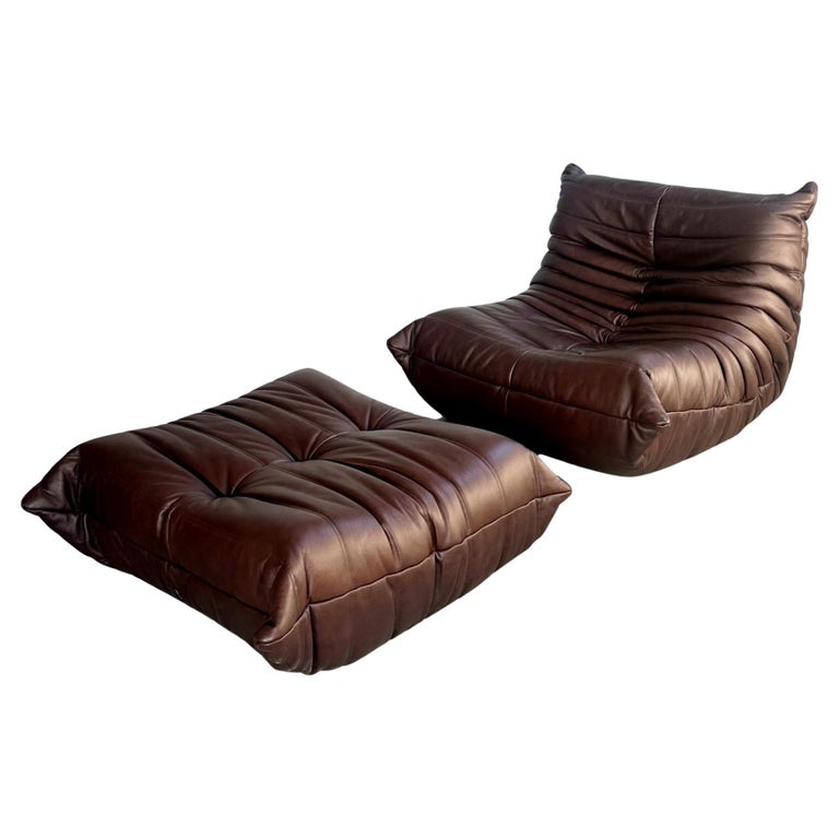 Brown Leather Fireside Togo Seat and Ottoman by Ligne Roset, 1980s 