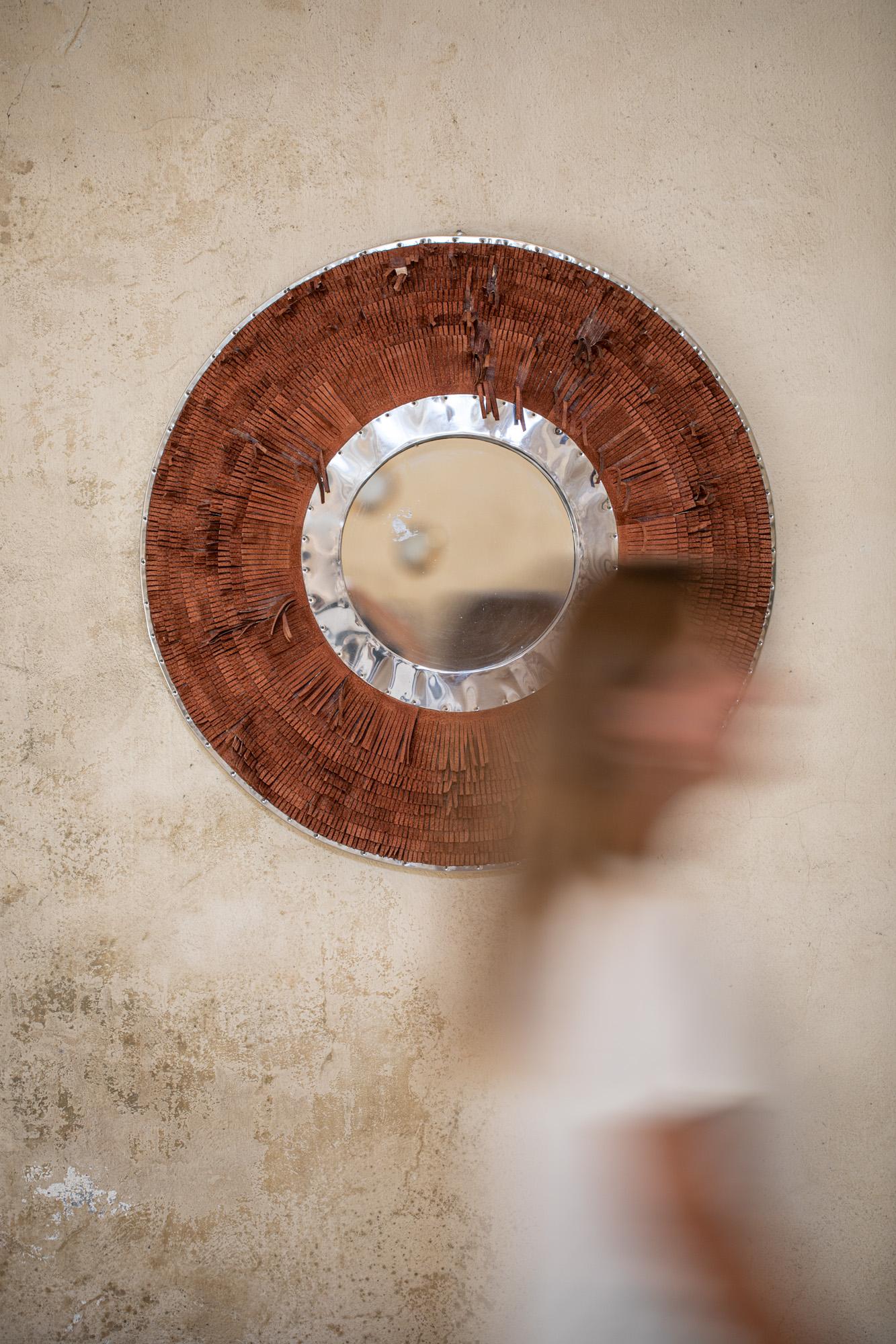 Mid-Century Modern Brown Leather Fringe Mirror For Sale