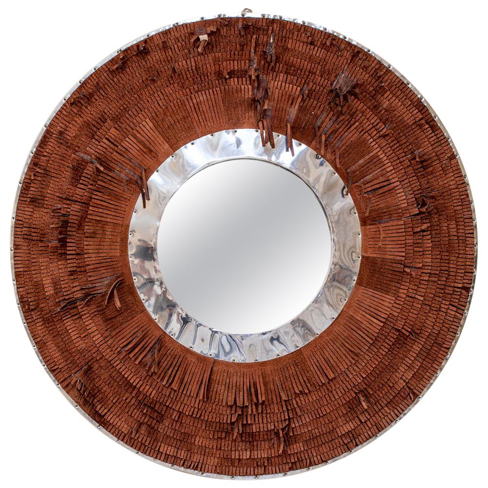Brown Leather Fringe Mirror For Sale