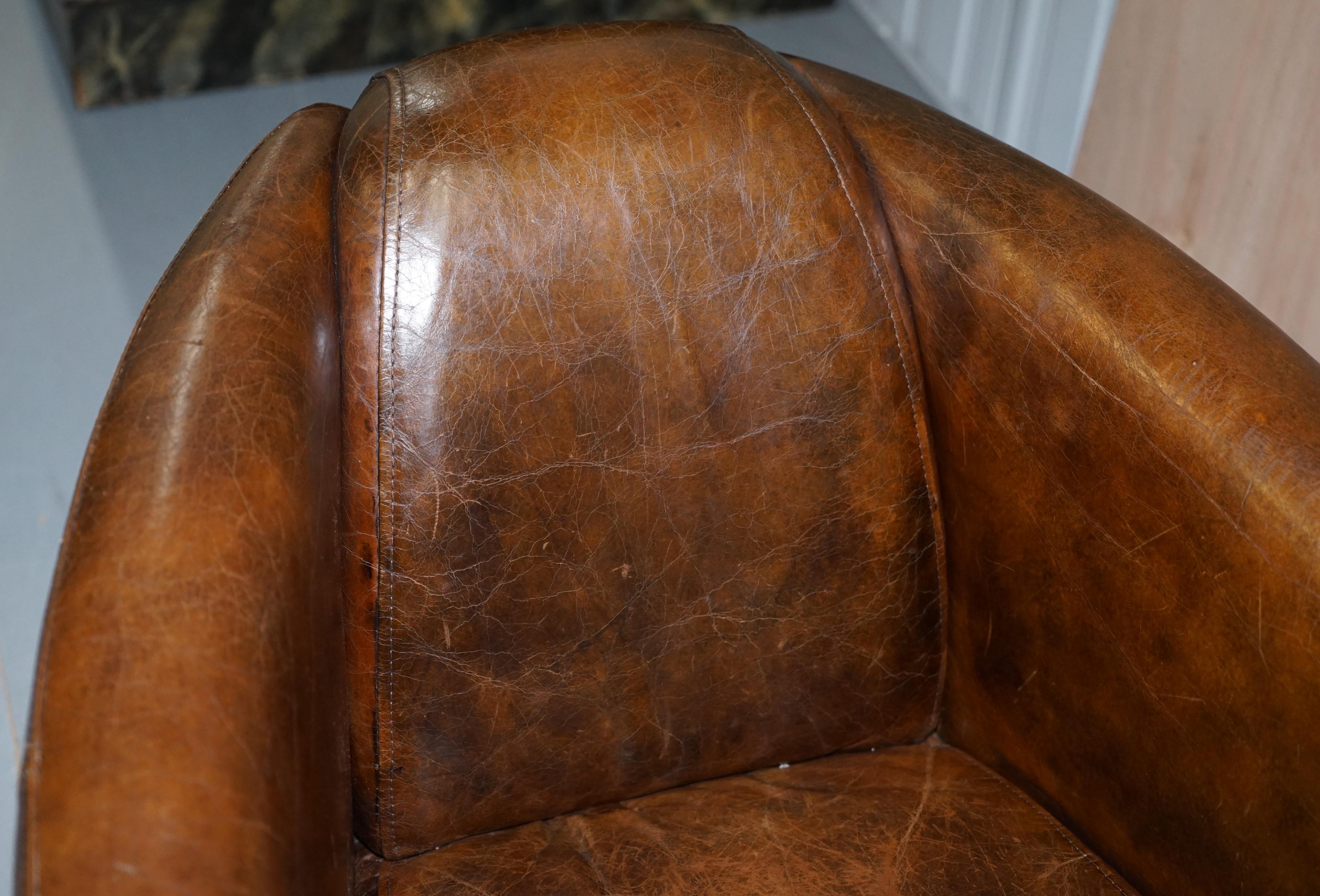 20th Century Brown Leather Halo Rocket Armchair Vintage Distressed Upholstery Solid Wood Feet