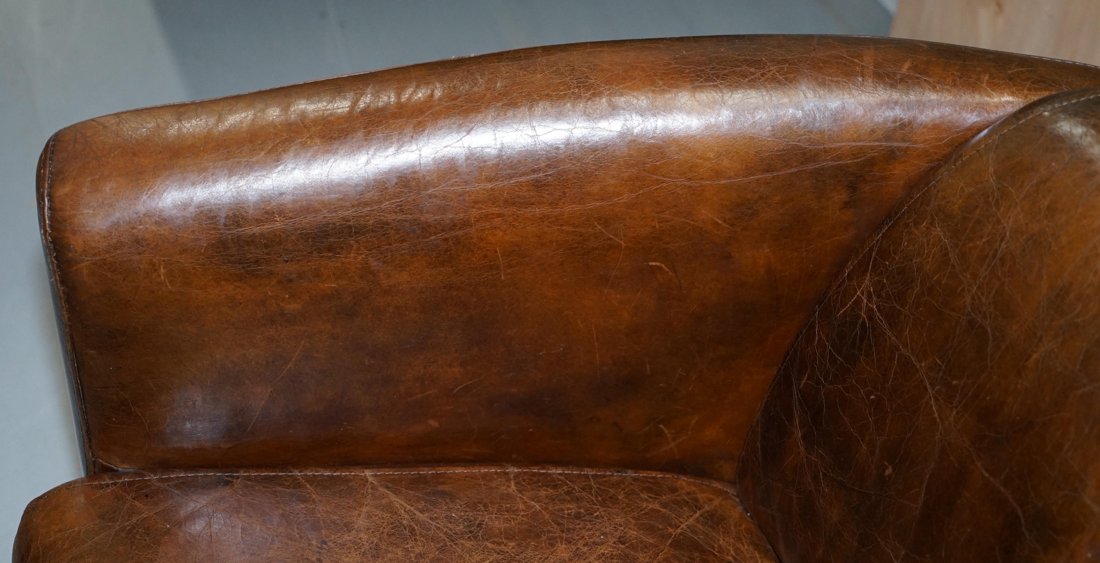 English Brown Leather Halo Rocket Armchair Vintage Distressed Upholstery Solid Wood Feet