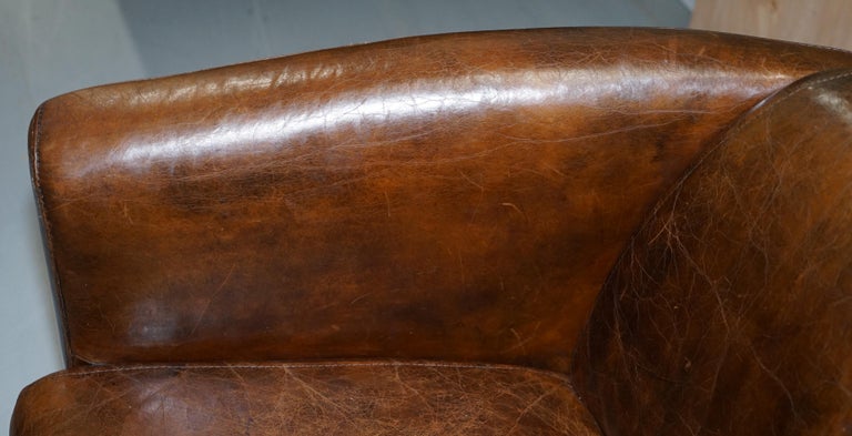 Brown Leather Halo Rocket Armchair Vintage Distressed Upholstery Solid Wood Feet