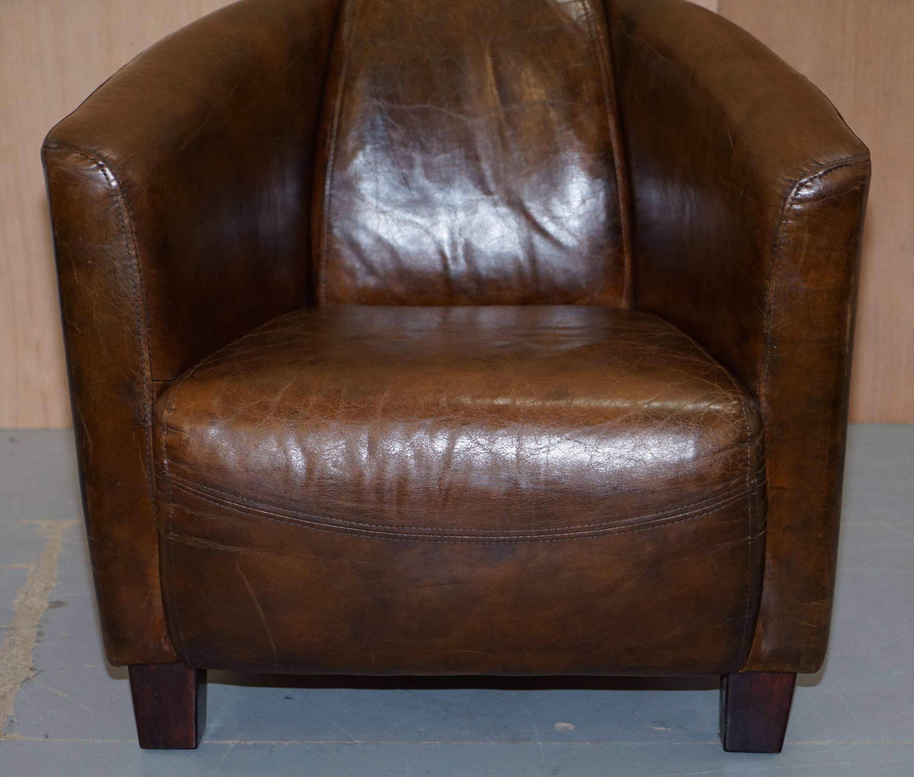 Hand-Crafted Brown Leather Halo Rocket Armchair Vintage Distressed Upholstery Solid Wood Feet