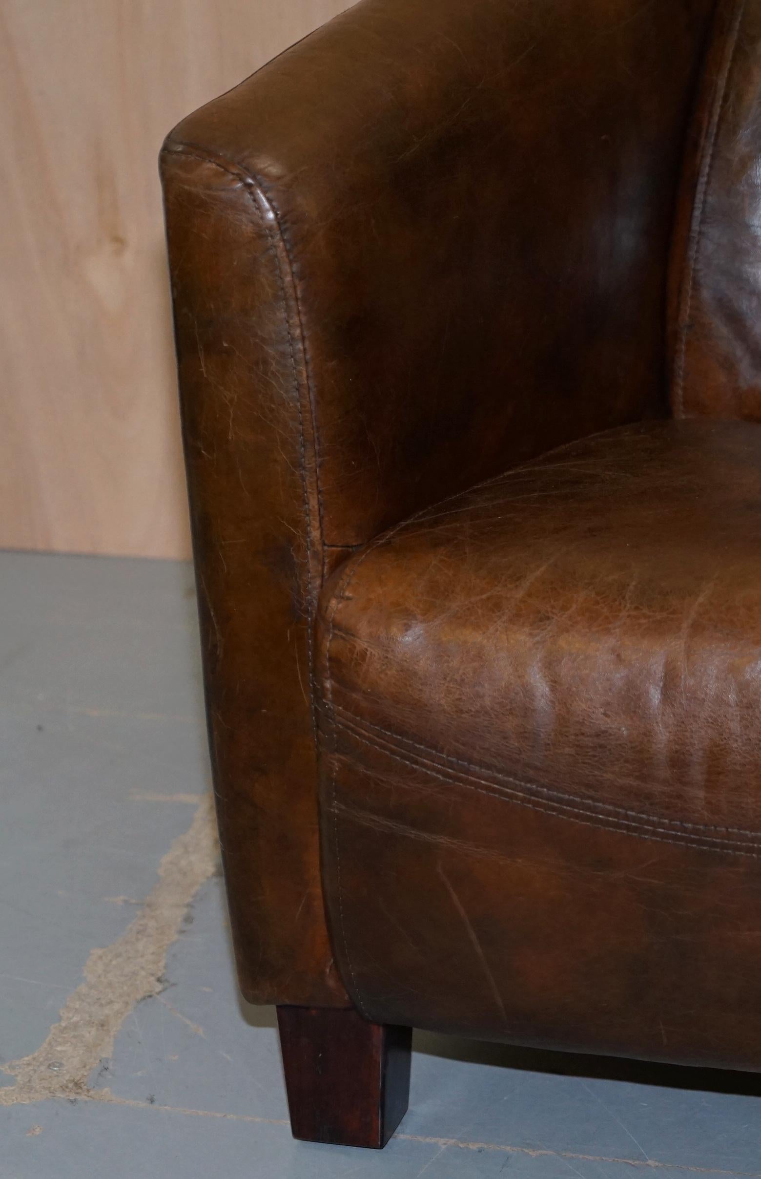 20th Century Brown Leather Halo Rocket Armchair Vintage Distressed Upholstery Solid Wood Feet