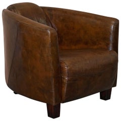 Brown Leather Halo Rocket Armchair Vintage Distressed Upholstery Solid Wood Feet