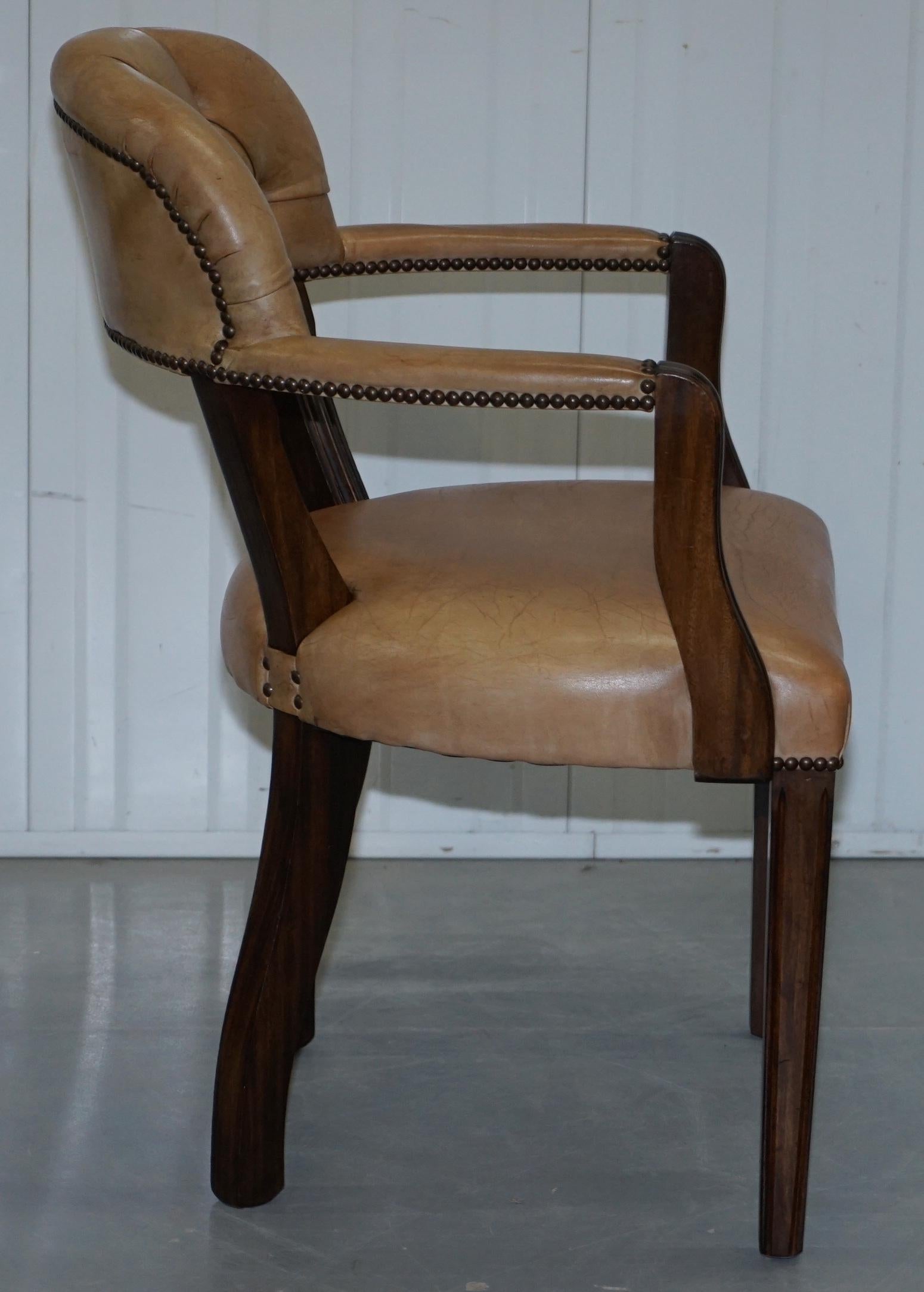 Hand-Carved Brown Leather House of Chesterfield Court Office Dining Chairs For Sale