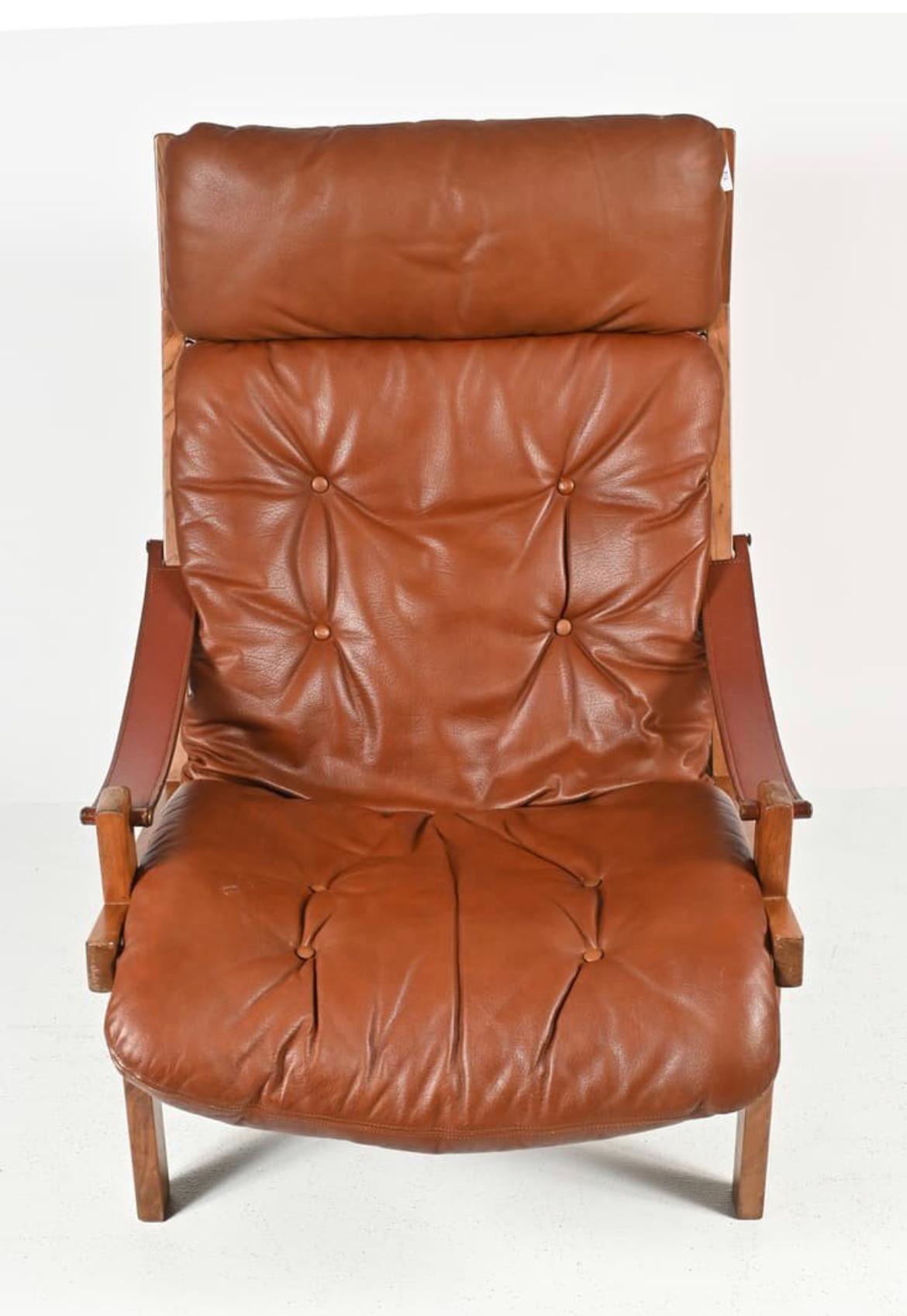 Norwegian Brown Leather “Hunter” Safari Rosewood Lounge Chair by Torbjørn Afdal, Bruksbo