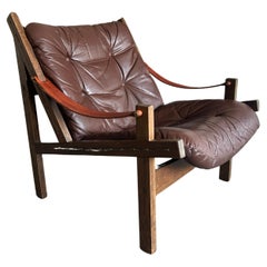 Vintage Brown Leather “Hunter” Safari Rosewood Lounge Chair by Torbjørn Afdal, Bruksbo