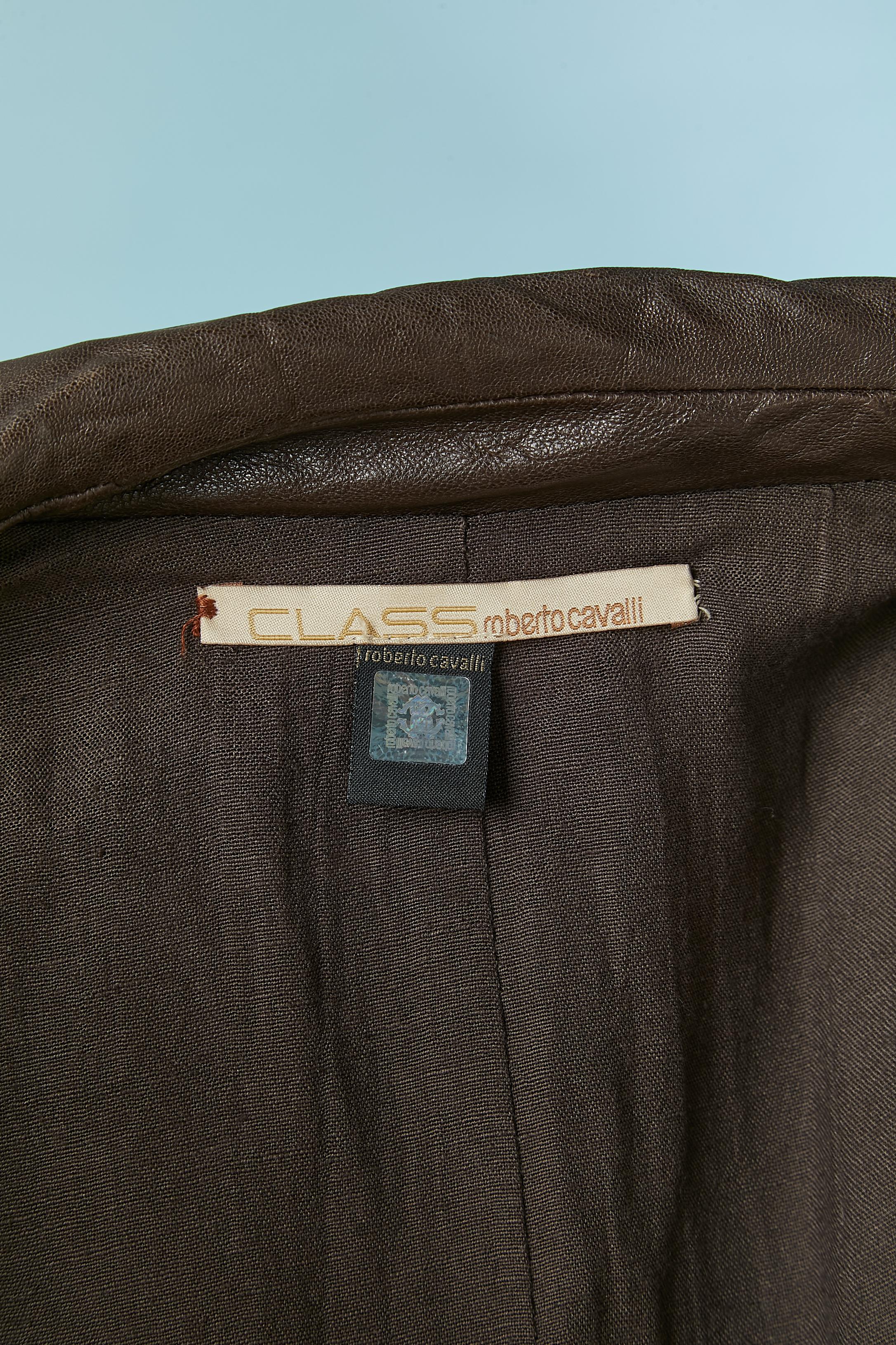 Brown leather jacket with leather flower appliqué ROBERTO CAVALLI CLASS For Sale 5