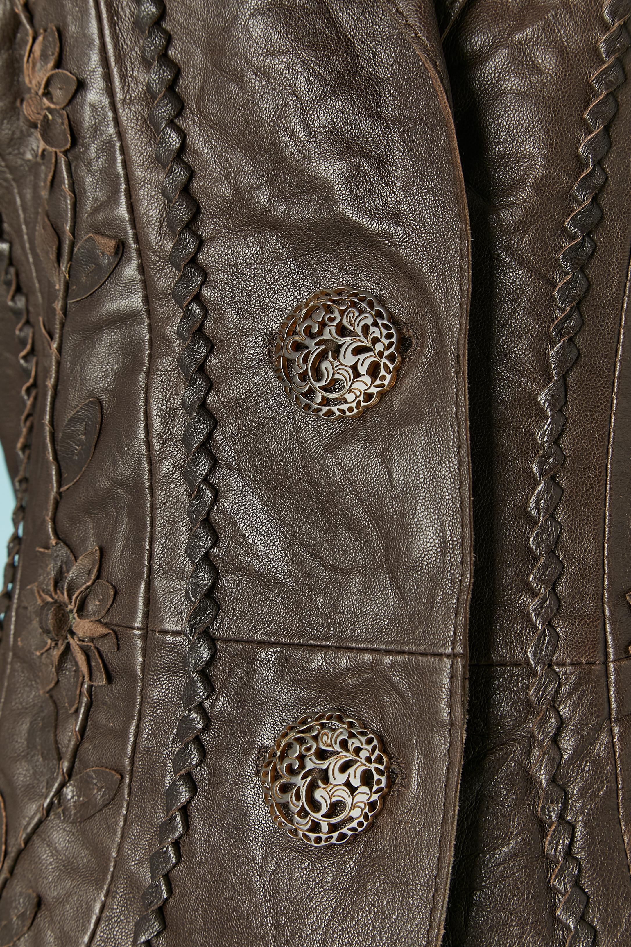 Black Brown leather jacket with leather flower appliqué ROBERTO CAVALLI CLASS For Sale